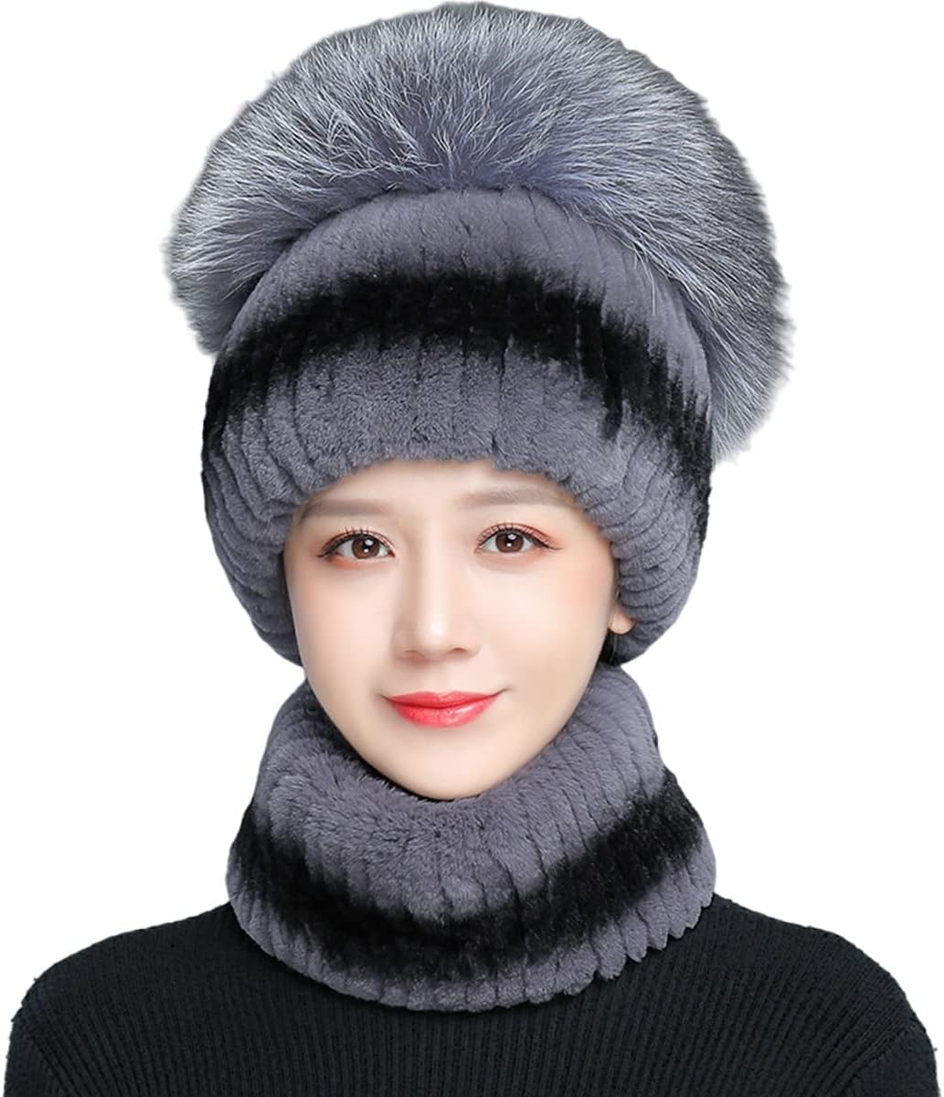 2PCs Womens Winter Hat + Circle Scarf Real Reabbit Hair Cap Pompom Knit Neck Warmer Outdoor Warm