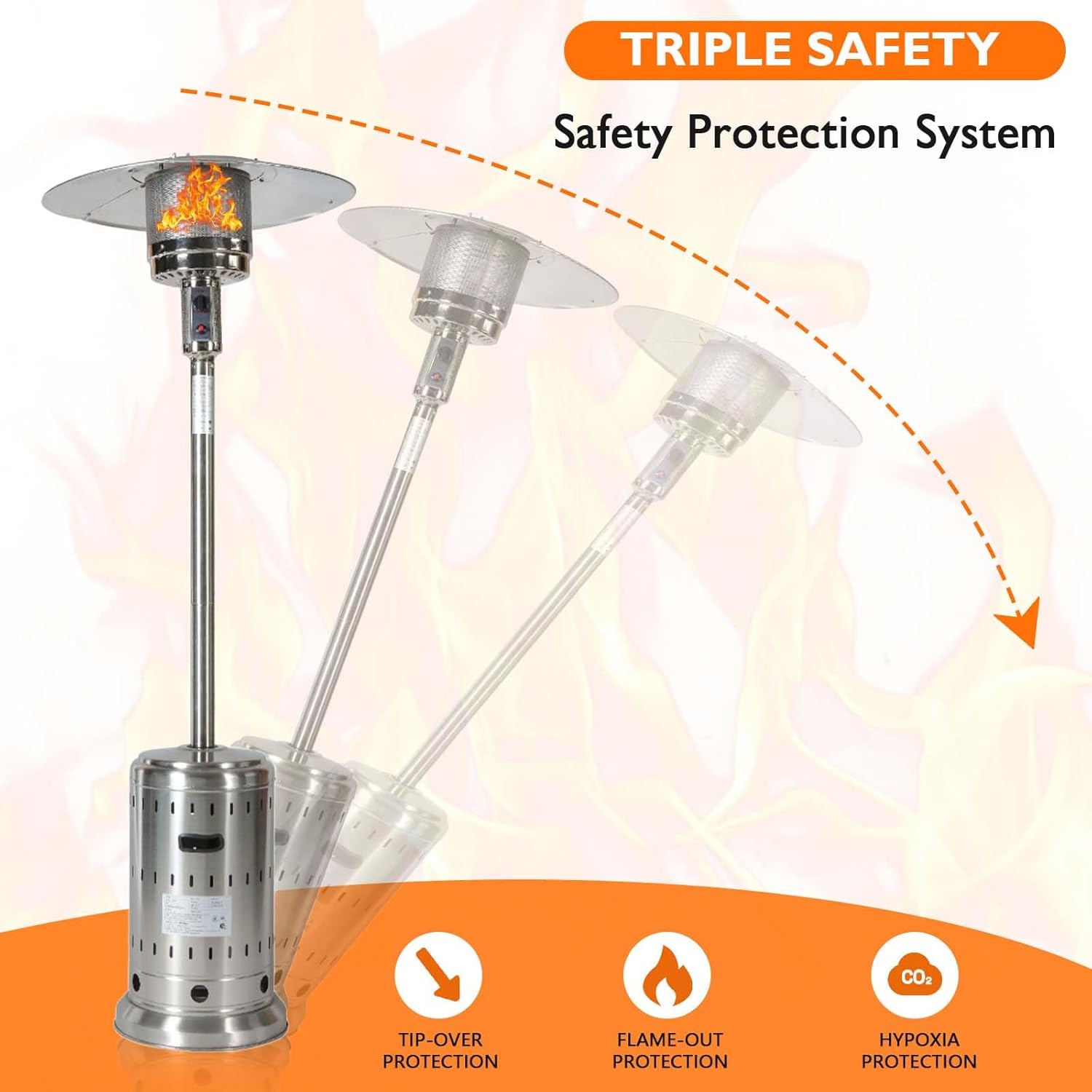 48,000 BTU Propane Patio Heater for Outdoor Use with Wheels and Cover, Stainless Steel Burner for outdoor use, Triple Protection System, Garden Commercial Residential(Silver)