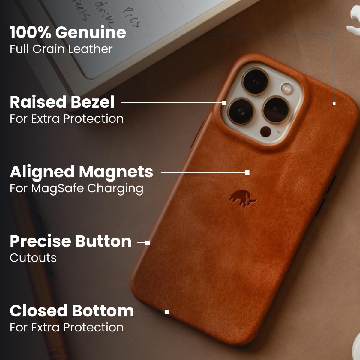 Bullstrap Contemporary Closed Bottom Handcrafted Leather Case for iPhone 16 Pro Max | No-Bulk MagSafe Compatible Premium Full-Grain iPhone 16 Pro Max Leather Case w/Beautiful & Unique Patina | Sienna