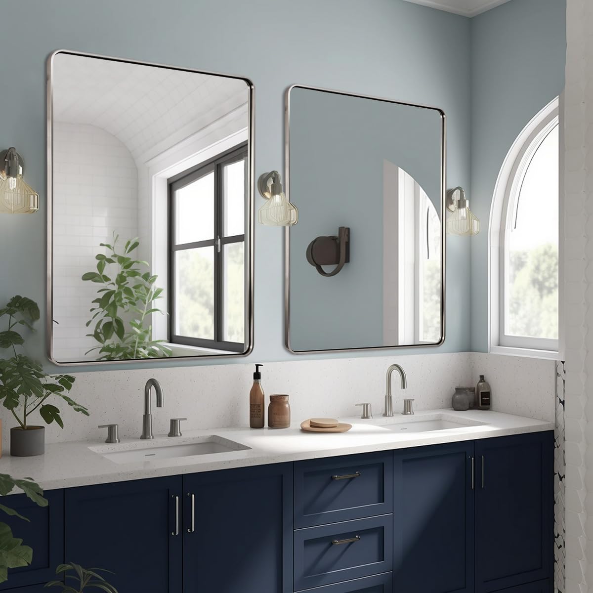 (2)andy star 48x32 inch brushed nickel bathroom mirror, rounded rectangle bathroom vanity mirrors for wall, anti-rust sus304, seamless tube metal frame, 1'' deep wall mounted vertically/horizontal