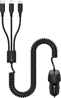 Portronics Car Power 3X, 17W Car Charger with 12W Built-in 3-in-1 Coiled Cable (Type-C, Lightning, Micro-USB), 17W USB-A P...