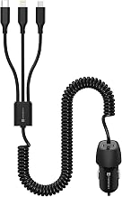 Portronics Car Power 3X, 17W Car Charger with 12W Built-in 3-in-1 Coiled Cable (Type-C, Lightning, Micro-USB), 17W USB-A P