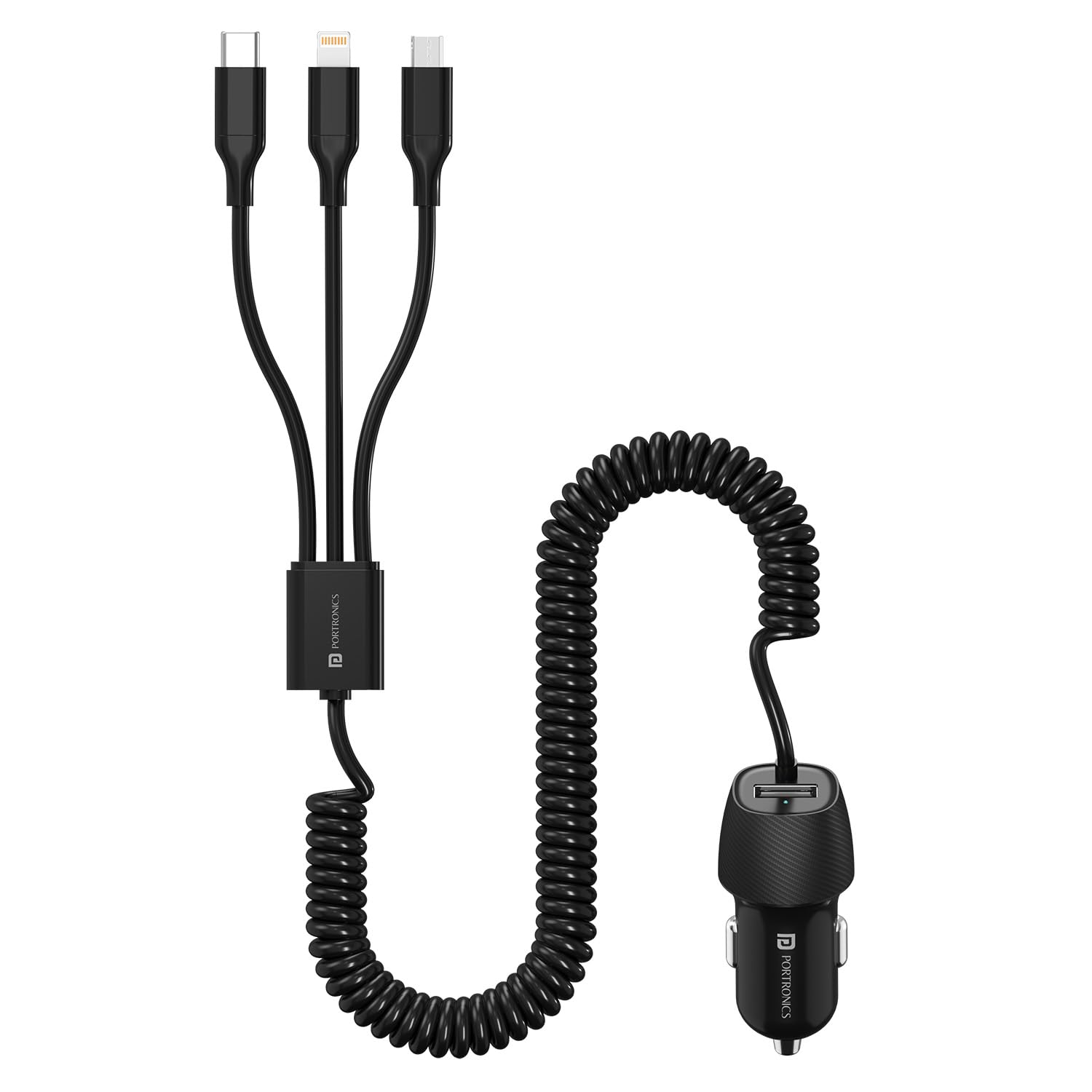 Portronics Car Power 3X, 17W Car Charger with 12W Built-in 3-in-1 Coiled Cable (Type-C, Lightning, Micro-USB), 17W USB-A Port, Charge 4 Devices at Once, for Phones, Tablets, Earbuds & More