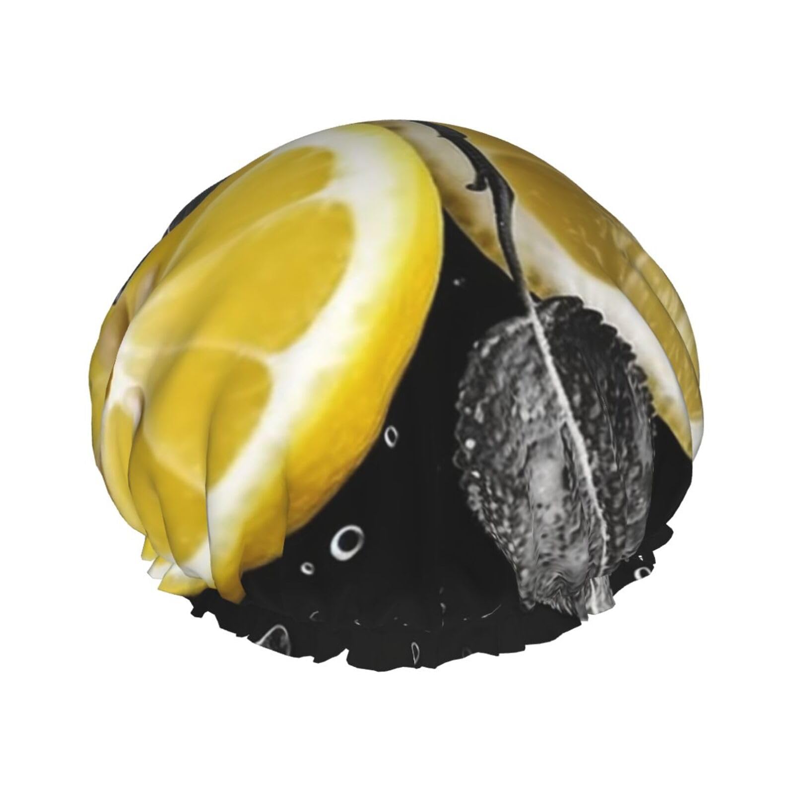 Lemon with on black and white Shower Cap for Women Reusable Waterproof Shower Bonnet Washable Elastic Band Bath Hair Hat Double Layered Bath Cap Extra Large for Long Hair