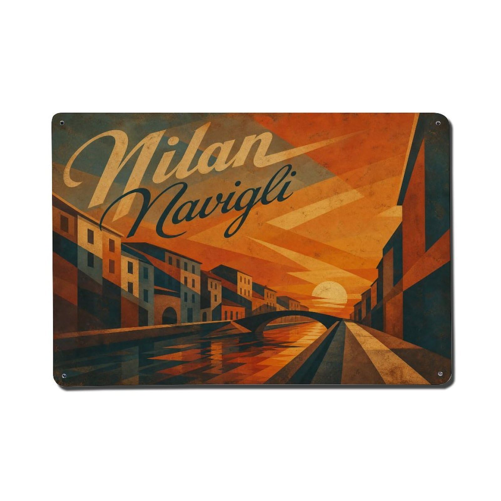 Huiyhb 8X12inch(20X30cm) Vintage Travel Milan Navigli Waterfront Sunset Italy Metal Tin Sign