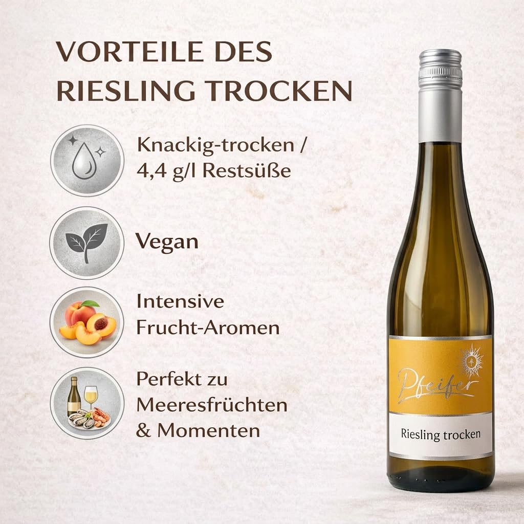 Riesling Trocken Weißwein 6x 0,75L – Trockener Weißwein Frisch & Fruchtig – Wenig Restsüße (4,4 g/l) – Lebendige Säure (6,7 g/l) – Perfekt zu Fisch, Geflügel & Leichten Gerichten