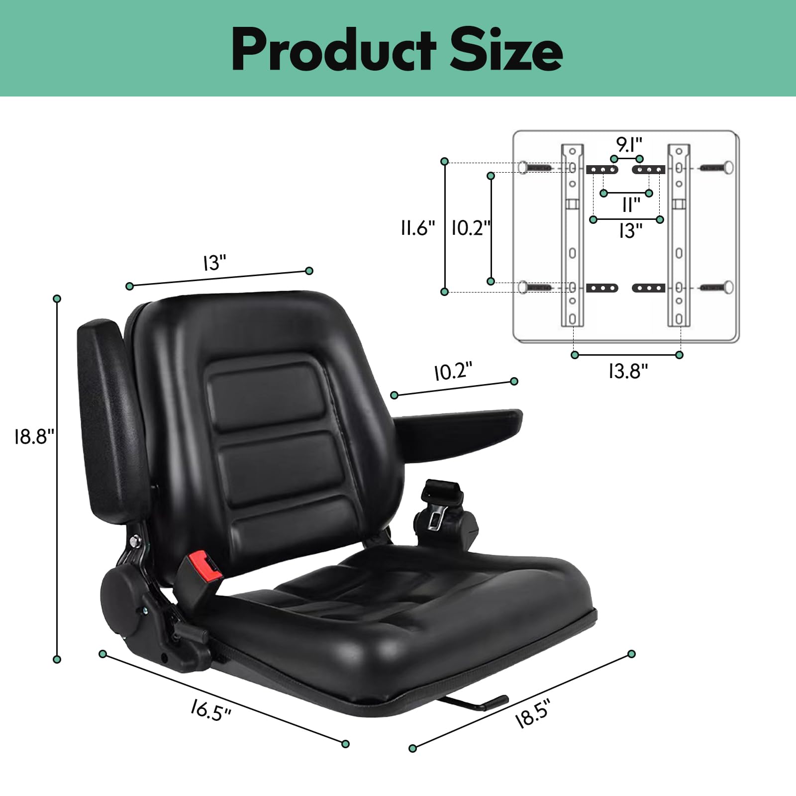 Asiento universal para carretilla elevadora, asiento de tractor plegable con reposabrazos trasero de ángulo ajustable, reposabrazos y cinturón de seguridad, para tractor, excavadora, excavadora