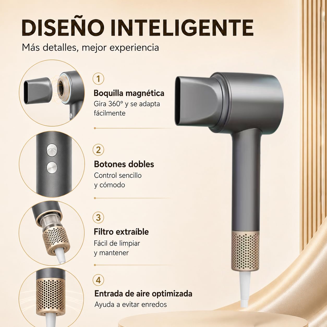 2025 Nuevo Secador de Pelo Profesional Ionico con Boquilla de Cabeza Hair Dryer Portatil de 3 Tenperaturas 1600W 110,000 RPM, Tecnología AI y 200 Millones de Iones Negativos para Hogar,Viaje,Gimnasio