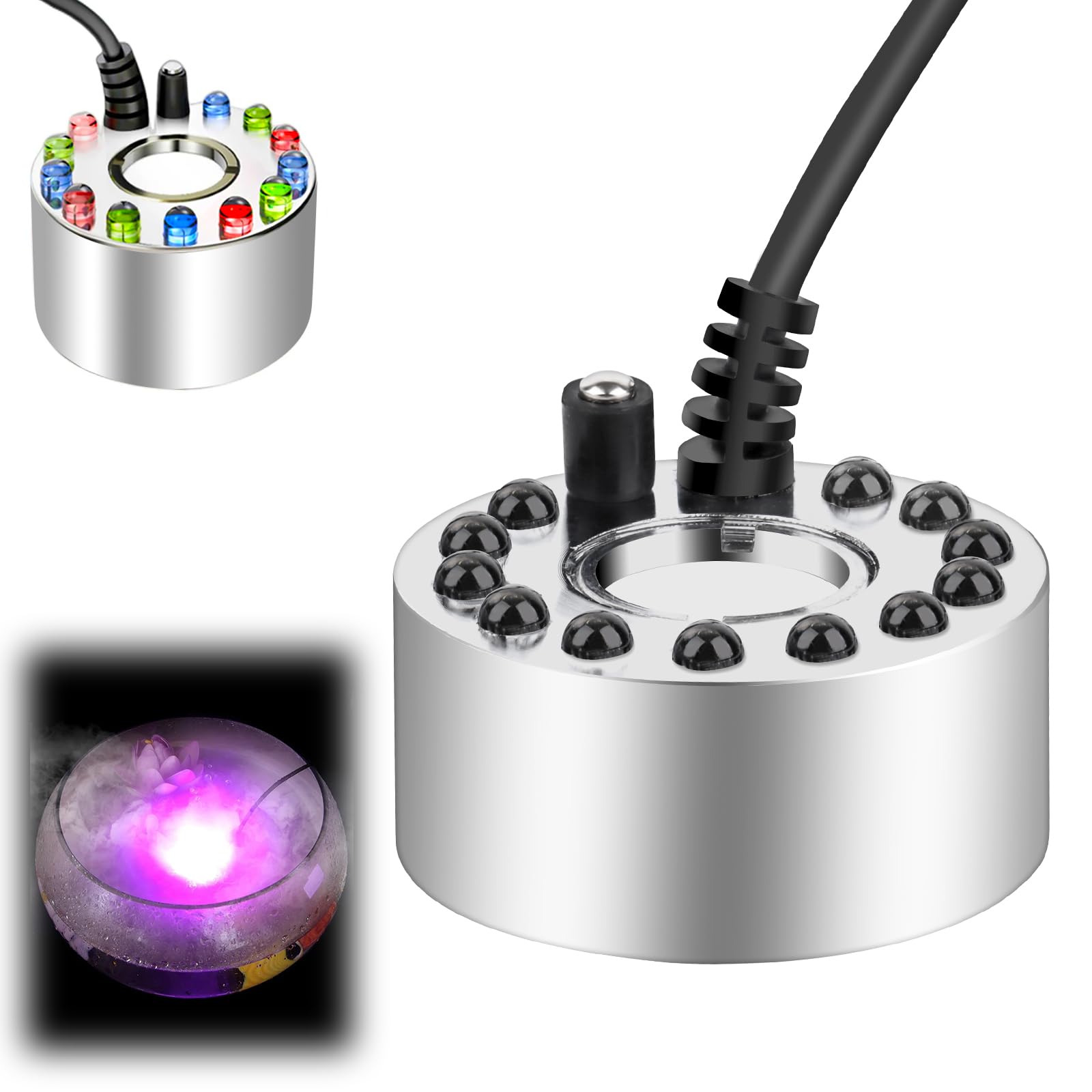 MXTIMWAN Nebulizzatore ad Ultrasuoni con 12 LED Luci Colorate, Mini Macchina del Fumo Fogger, Umidificatore d'Aria - Perfetto, per Fontana, Stagno
