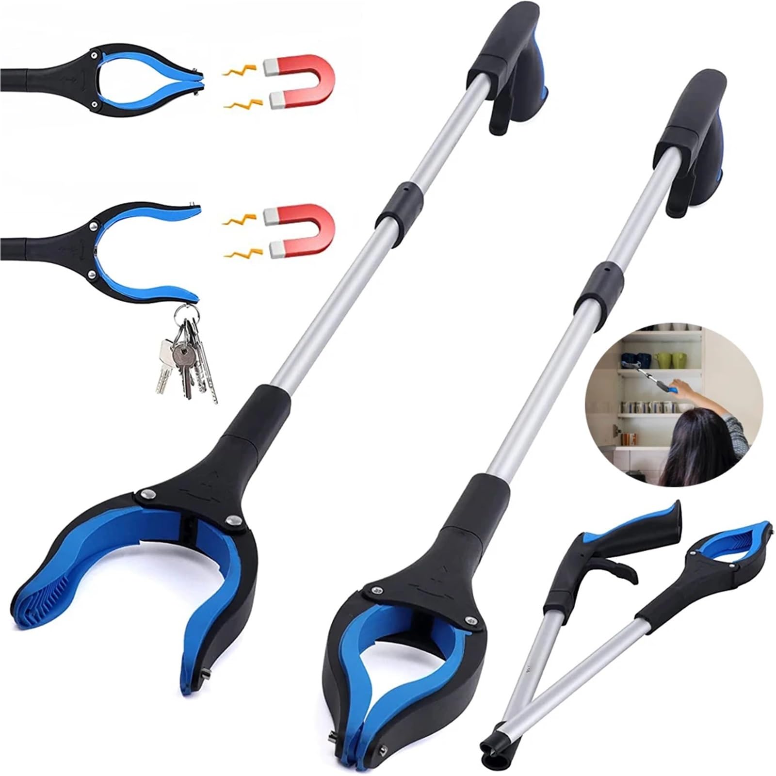Herramienta de Agarre Larga Plegable for Personas Mayores, Alcance con Apertura Garra giratoria, Recogida Alta Resistencia para Jardín(Blue 2pcs)