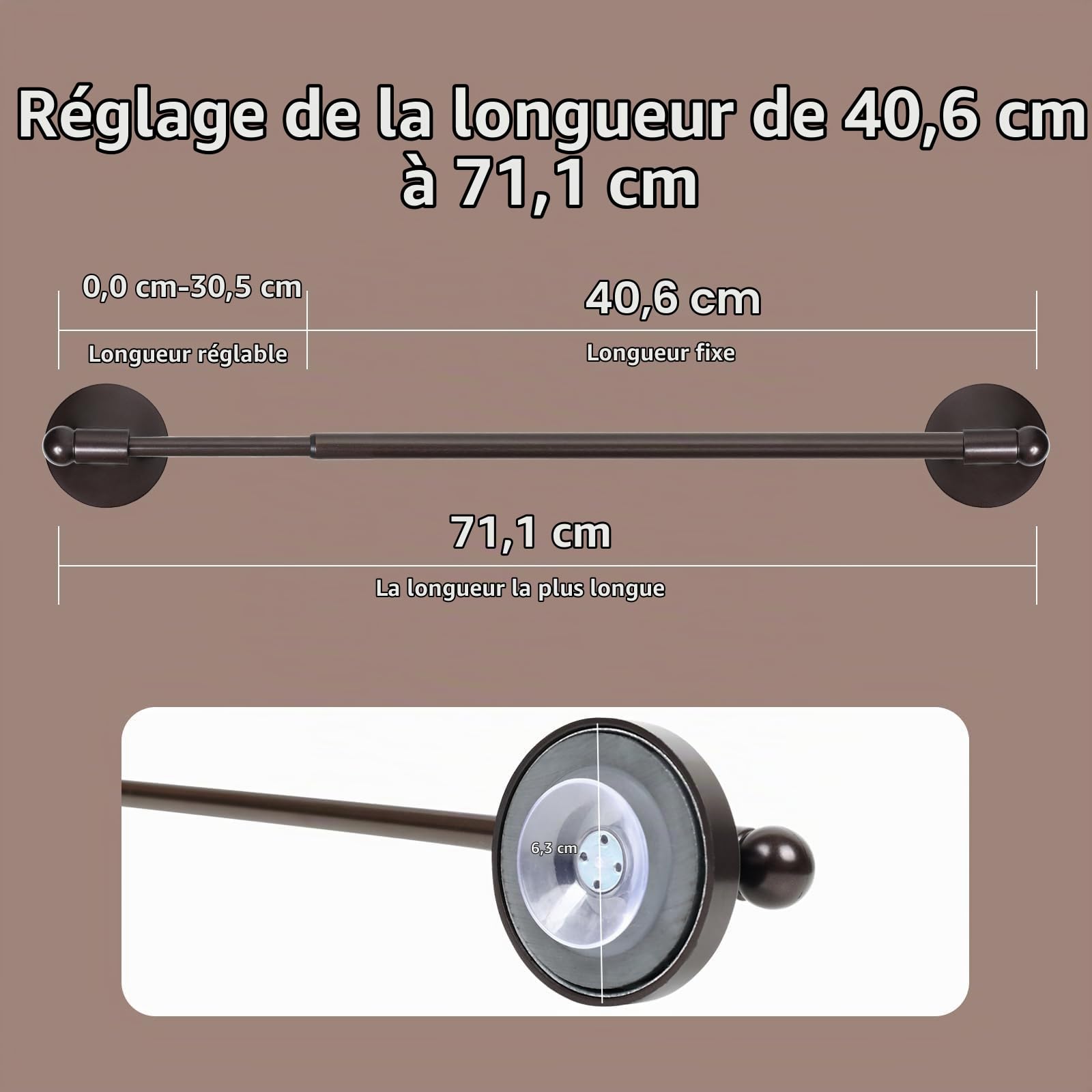 Lot de 2 tringles à rideaux magnétiques robustes pour porte en métal (40,6 à 71,1 cm, bronze) avec aimant puissant et ventouse