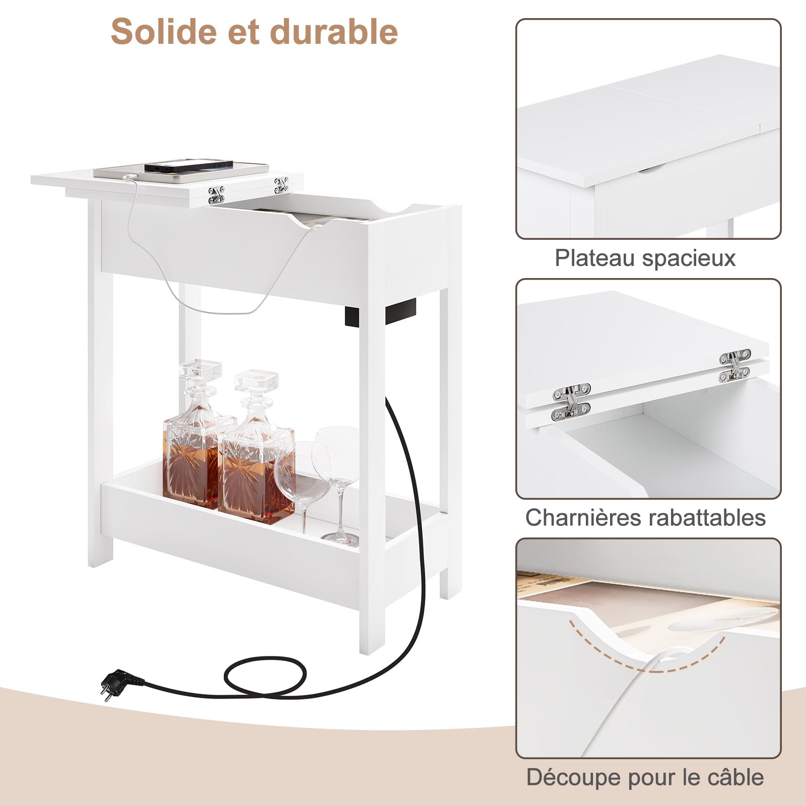 EUGAD Table d'Appoint avec Station de Charge, Table de Chevet avec Prise, Plateau Rabattable, 2 Ports USB, 2 Prises, 3 Niveaux de Rangement, Blanc, MDF, 0001CHJ