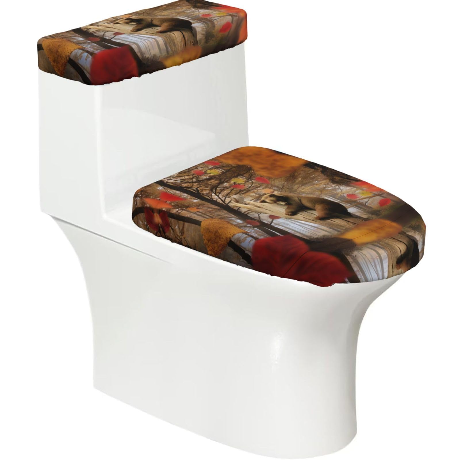 Brown Bear in Autumn 2-Piece Toilet Seat Cover Set with Tank Lid - Elastic for U-Shape & Elongated - Bathroom Decor