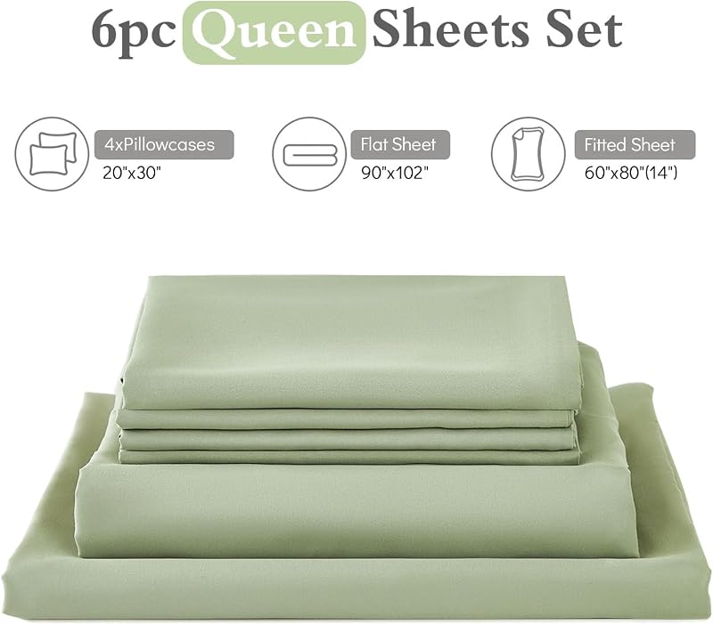 ILAVANDE Queen Sheets Set 6 Piece,Hotel Luxury Super Soft 1800 Series Microfiber Queen Bed Sheets Set-Wrinkle Free & Breathable-14 Deep Pocket Sheets for Queen Size Bed(Queen,Sage Green) image 7