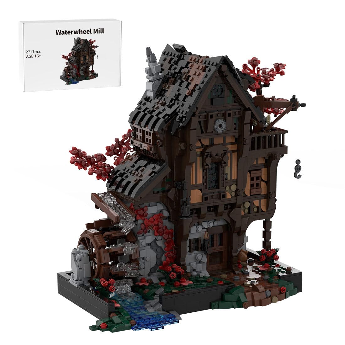 Mittelalterliche Schmiede Klemmbausteine 2717 Stück Wasserradmühle Gebäude MOC Haus Spielzeug Set für Erwachsene Kompatibel mit 21325, MOC-214249
