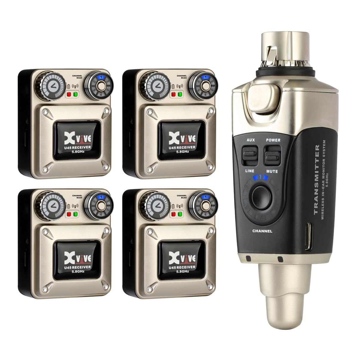 Xvive U45R4 Wireless in Ear Monitor System 5.8ghz IEM System 1 Transmitter and 4 Bodypack Receiver for Studio, Band Rehearsal, Live Performance, Channel Scan Mode