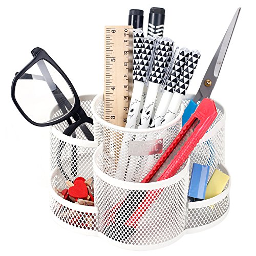 MyGift Rotating Black Metal Mesh Desktop Office Supplies Caddy with 7 Compartment for Pens, Pencils, Scissors and Accessories (White)