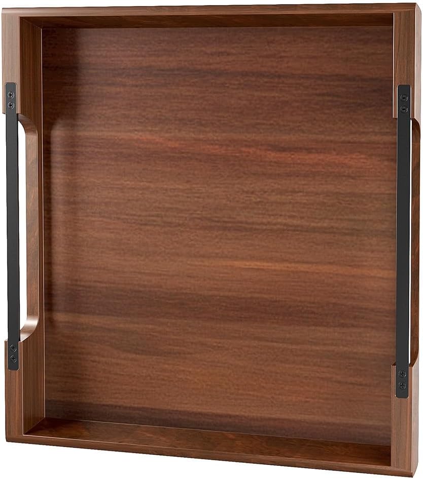 Large Ottoman Tray: 20" Square Acacia Wood Serving Tray with Unique Metal Handles – Extra Large Decorative Tray for Coffee Table, Breakfast in Bed, Charcuterie, Kitchen, Living Room & Party Black Handle 04 20" x 20" x 2.5"