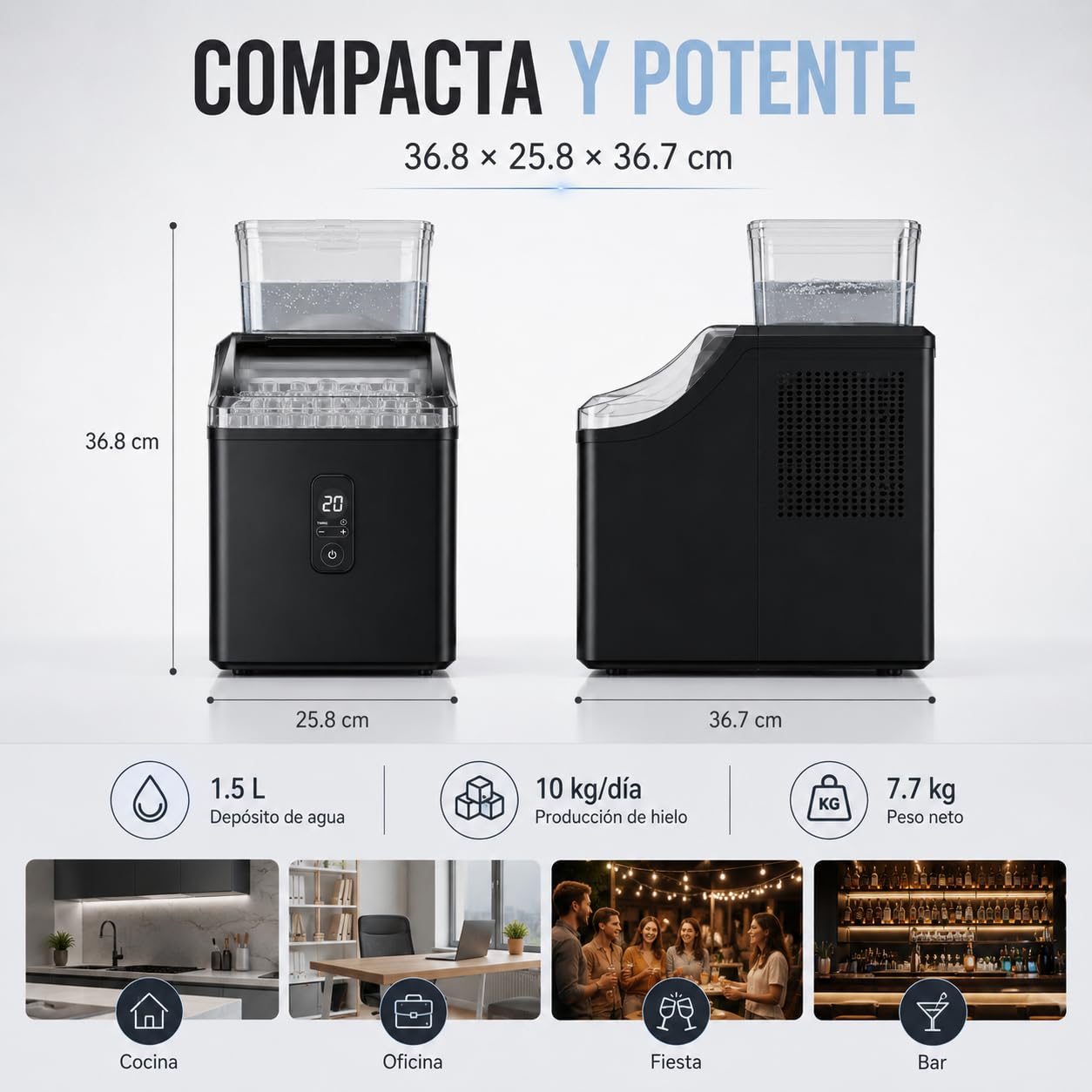 Máquina de Hielo Cubitos Cuadrados 10kg/24h, 9 Cubos en 15 Min | Cubitos transparentes ideales para whisky, cócteles y café frío. Panel digital, temporizador 24h y autolimpieza automática.