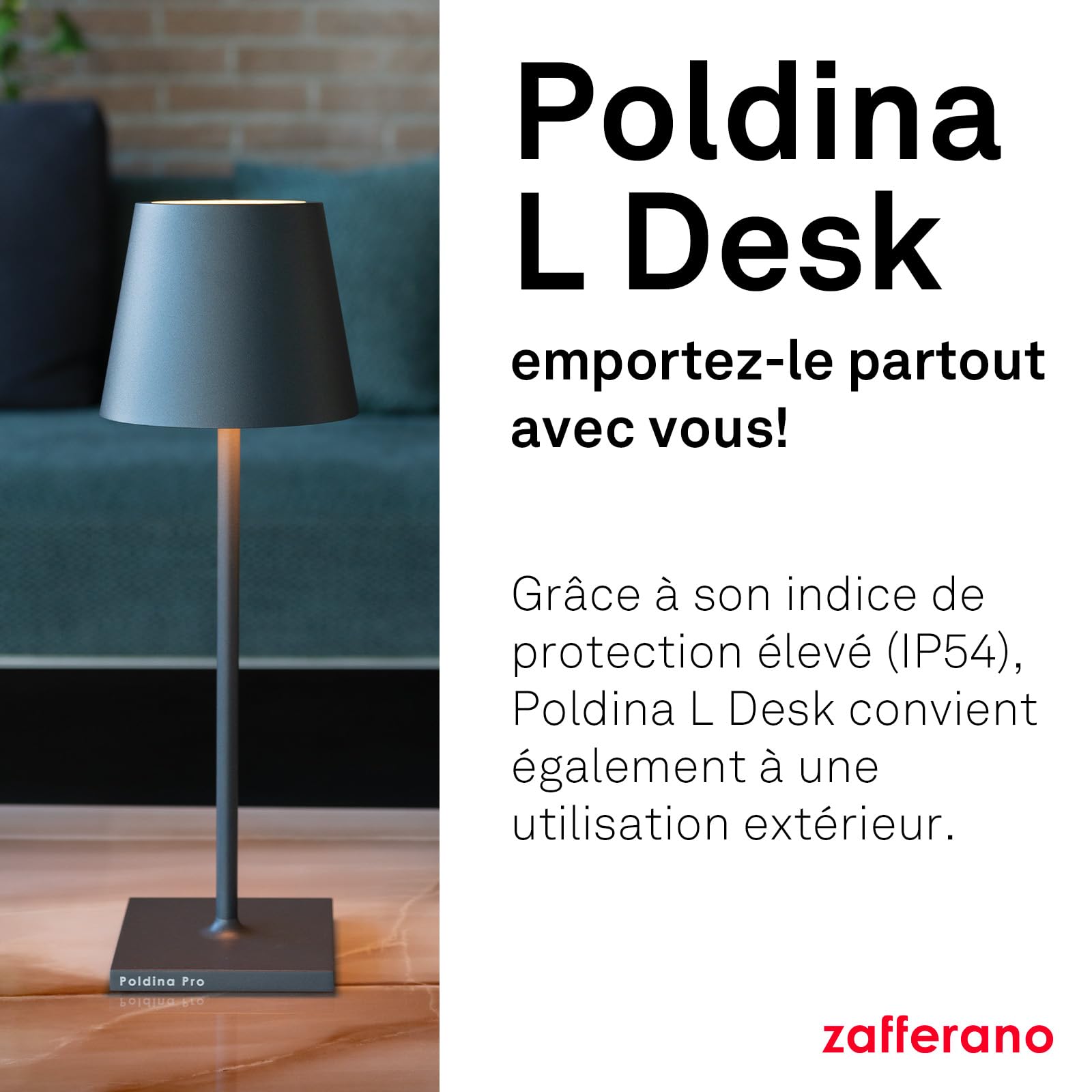 Zafferano, Lampe Poldina L Desk, Lampe de Table Portable et Rechargeable avec Contrôle Tactile, Convient pour le Salon et l'Extérieur, Dimmer 2200-3000 K, Hauteur 49,7 cm, Couleur Gris Foncé