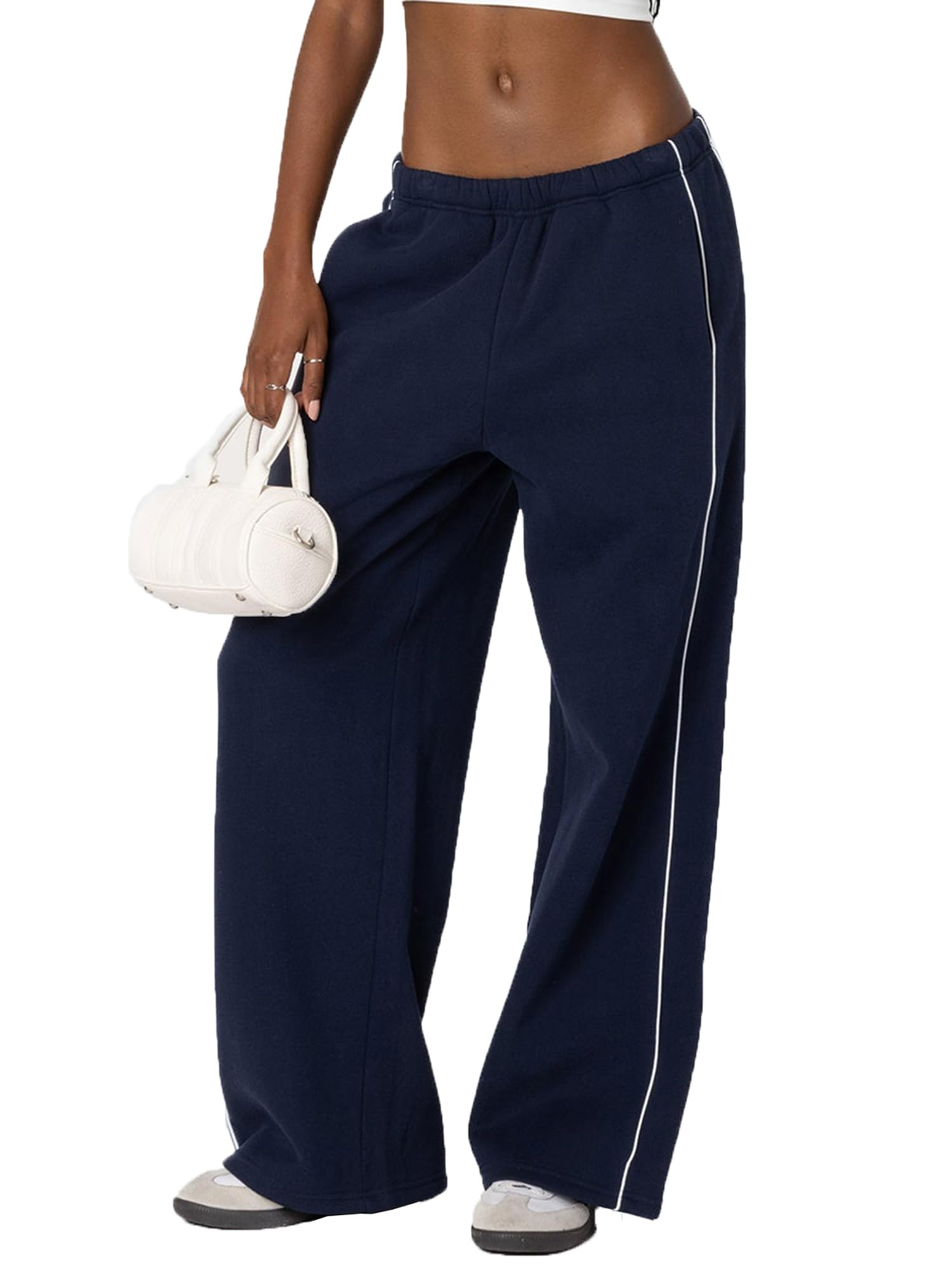 Womens Wide Leg Sweatpants Elastic High Waisted Drawstring Loose Fit Pants Y2K Casual Solid Color Joggers with Pockets (C-Dark Blue, L)