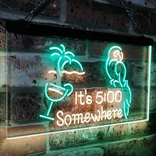 Advpro It's 5:00 Somewhere 5Pm Cocktails Bar Décor Parrot Palm Tree Dual Color Led Neon Sign Green & Yellow 16" X 12" St6S43-I2560-Gy #TOP2