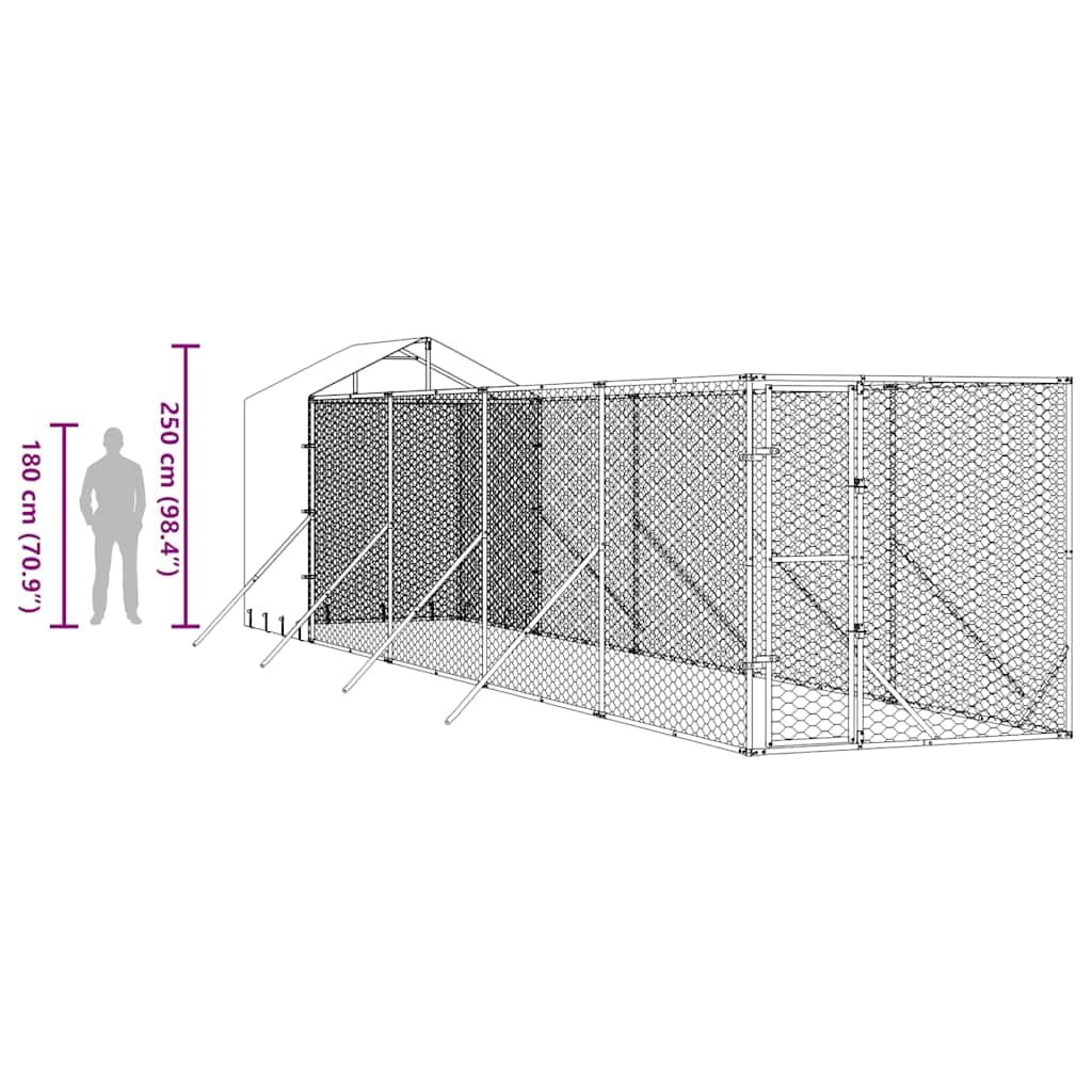 Perrera para perros con techo plateado, acero galvanizado, 2 x 10 x 2,5 m, resistente a la intemperie, con puerta y protección, ideal como salida, recinto al aire libre, parque para perros y