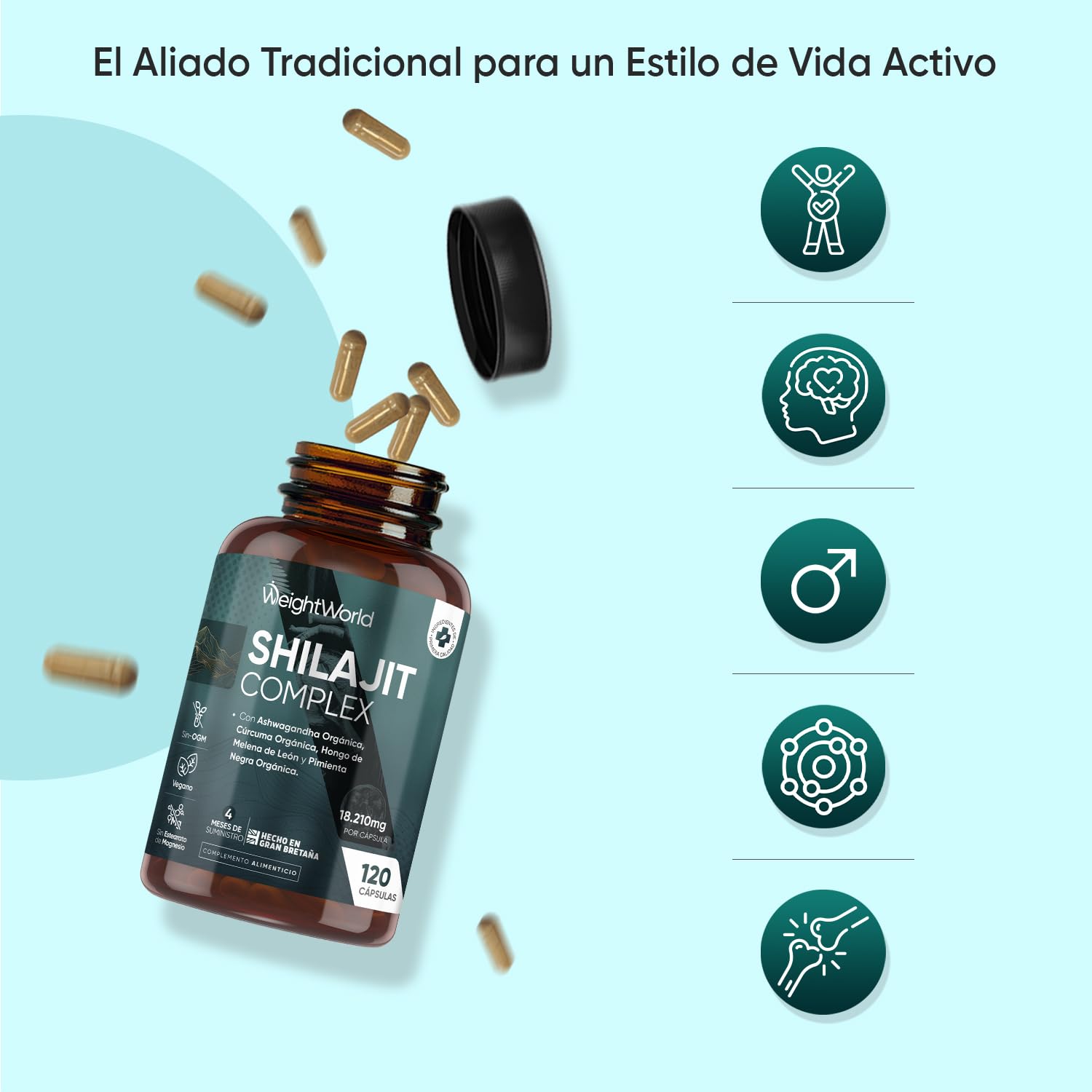 Shilajit Complex 18210mg, 120 Cápsulas, Con Ashwagandha, Melena de León y Cúrcuma - 16000mg de Shilajit en Polvo por Cápsula - 4 Meses de Suministro - Apto para Veganos, sin OGM