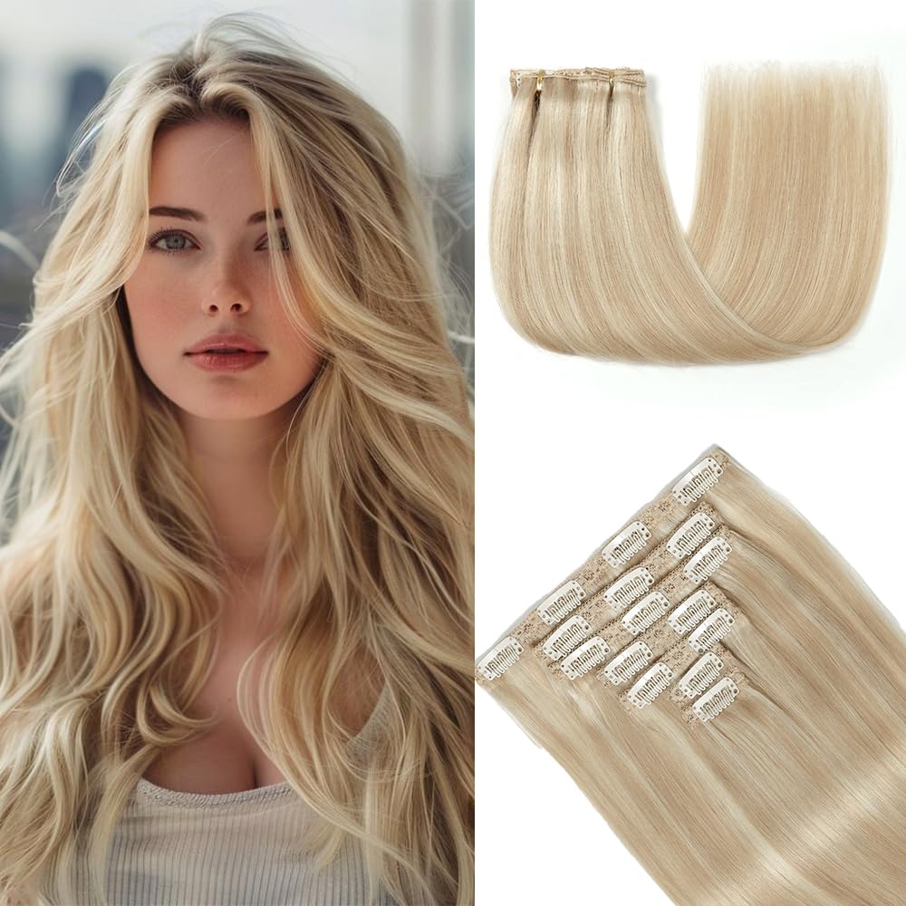HotLulana Extension Capelli Veri Clip 7pcs 45cm 120g Extension Capelli Veri 18 Pollice Extension Capelli Clip Invisible Extension Clip Capelli Veri Clip IN Extension Human Hair P18K/613#