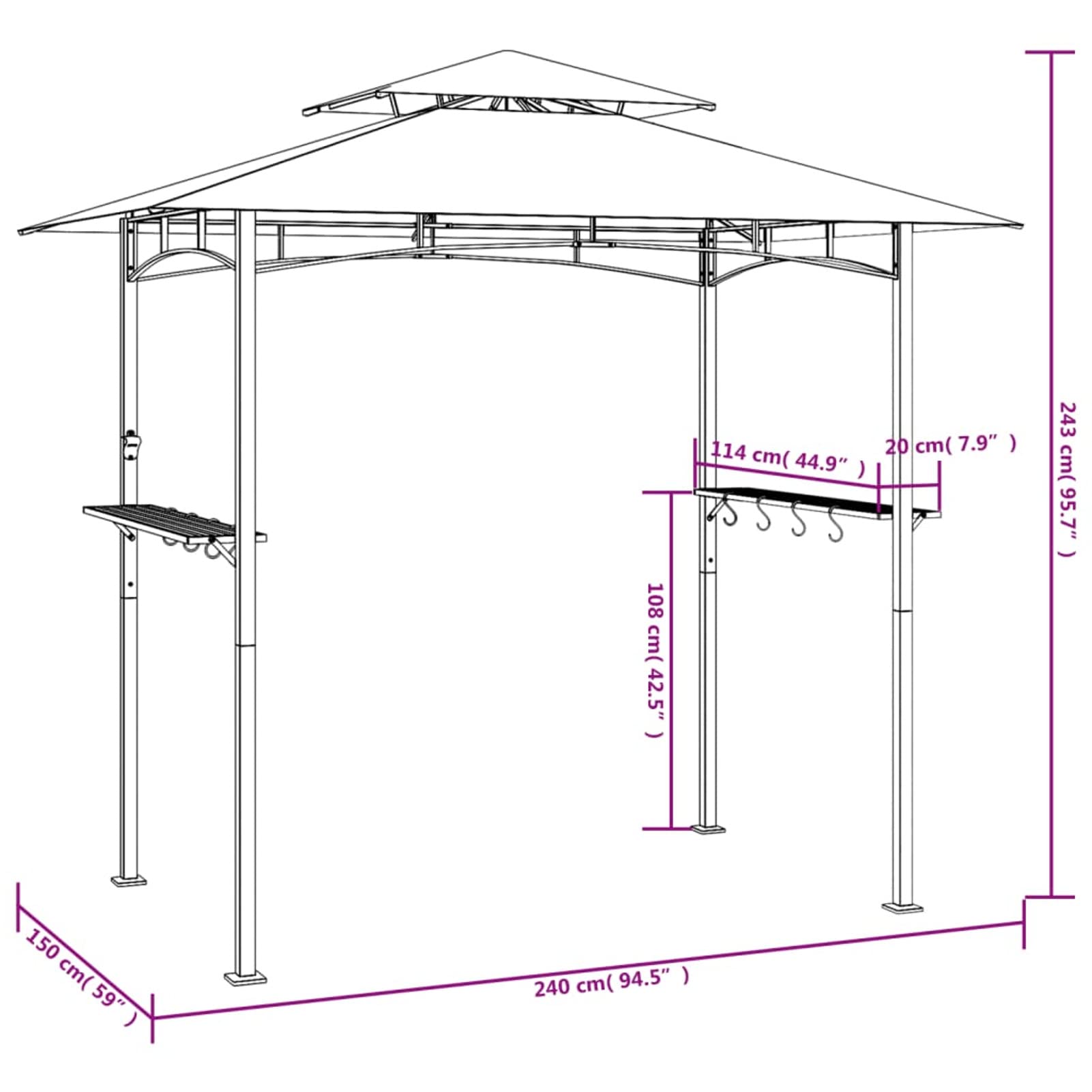ZEYUAN Altana, Namioty Zewnętrzne, Pergole Ogrodowe, Markiza Zewnętrzna, Pergola Ogród Zewnętrzny, Pergola Tarasowa, Grill Stojak Boczny Stal Antracyt 240x150x243 cm