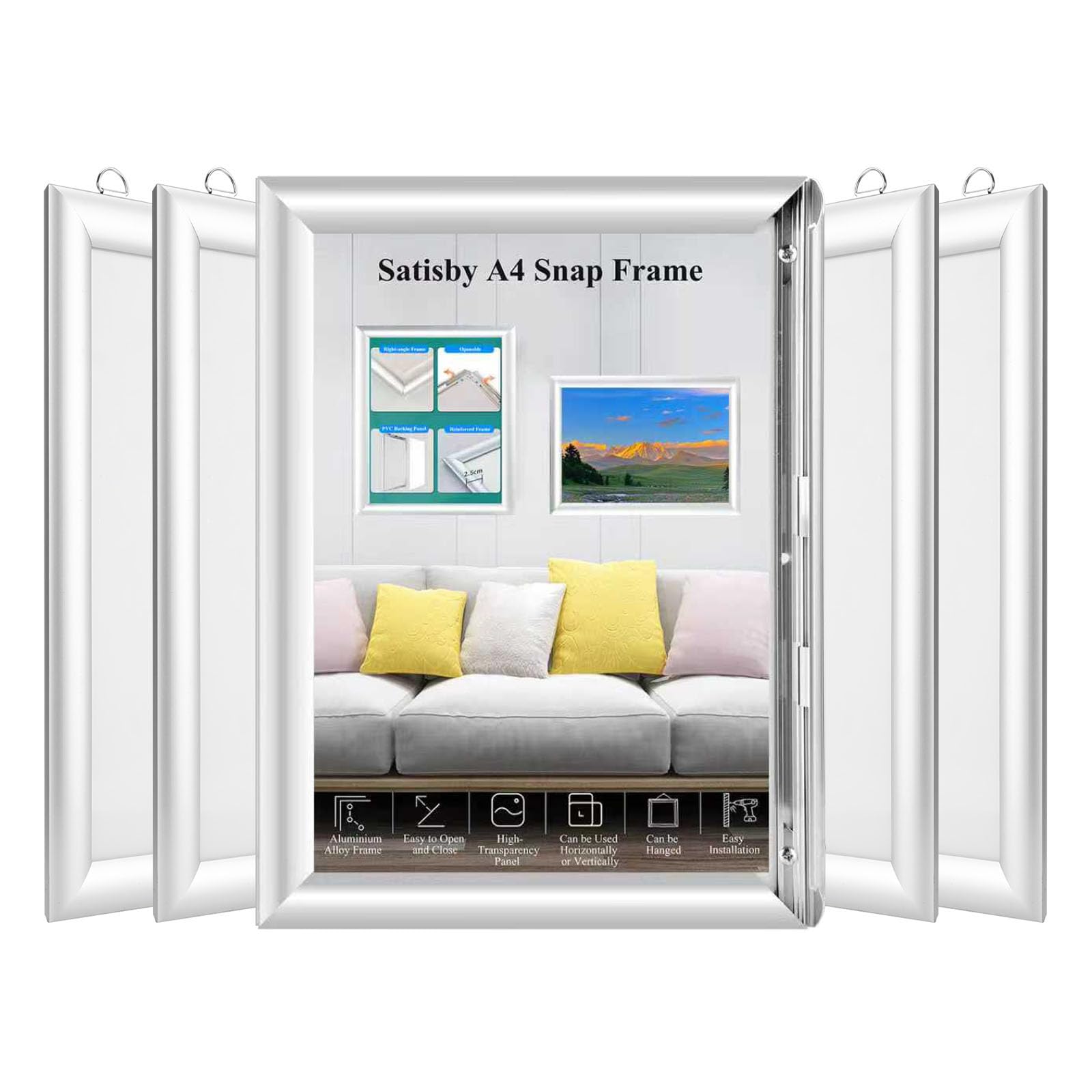 Satisby Snap Frame A4 5PCS-Front Opening Aluminium Alloy Poster FrameοΌEasy to Open and CloseοΌHorizontal and Vertical AvailableοΌMultiple Suspension Methods (SILVER, A4)