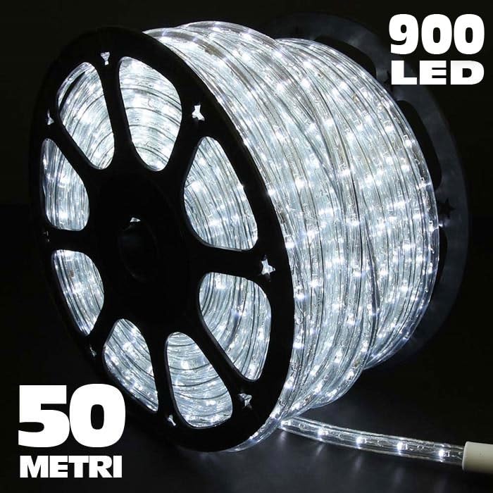 Bakaji Tubo Luminoso 50 Metri Colore Bianco Freddo 900 LED Per Uso Esterno Ed Interno Con Controller 8 Giochi Di Luce Bobbina Luci