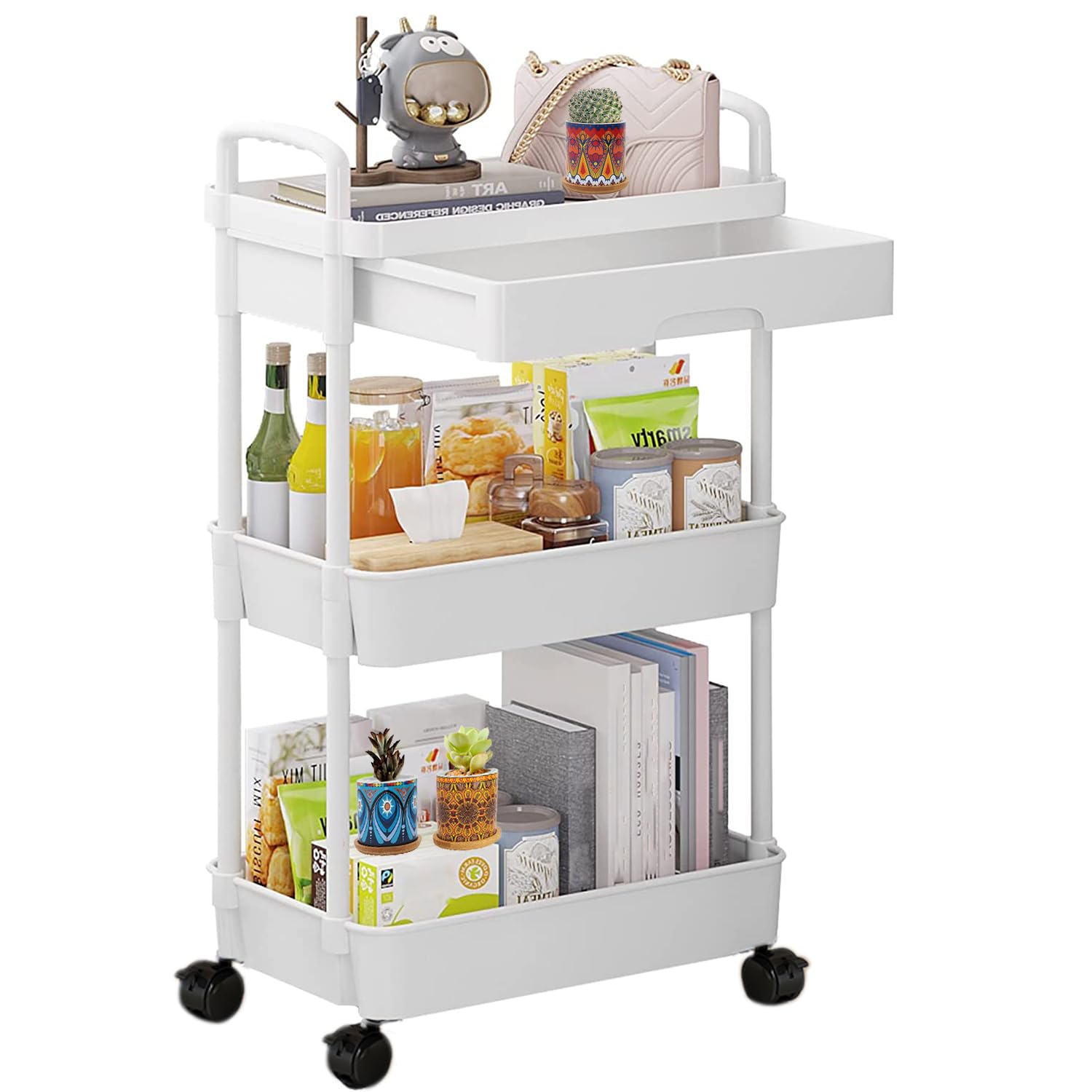 3-Tier Rolling Utility Cart with Drawer,Multifunctional Storage Organizer with Plastic Shelf & Wheels,Storage Cart for Kitchen,Bathroom,Living Room,Office,White