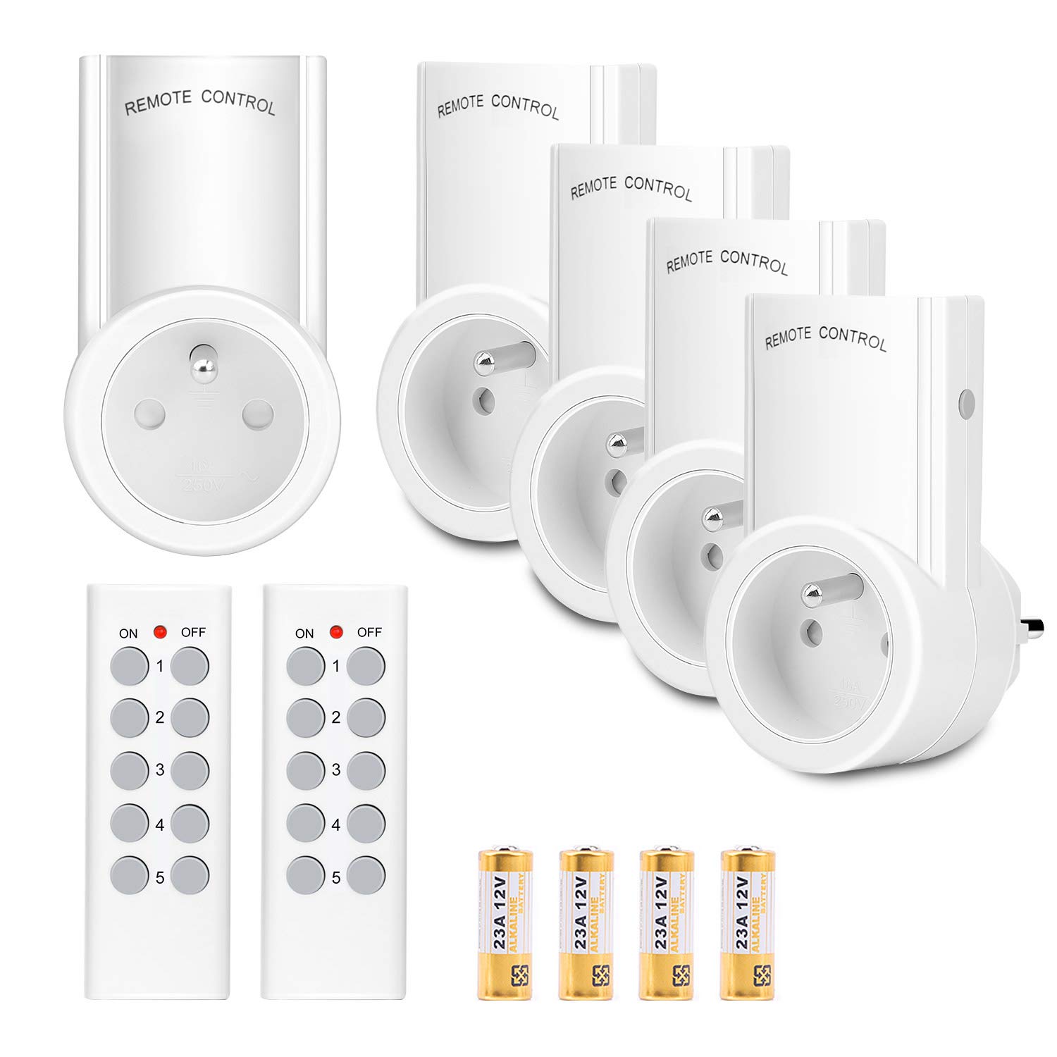 KYG Set mit 5 programmierbaren Fernbedienungen, Steckdose Domotisch, Kabellos, Funktion All One, 2 Fernbedienungen, 2 Batterien, weiß