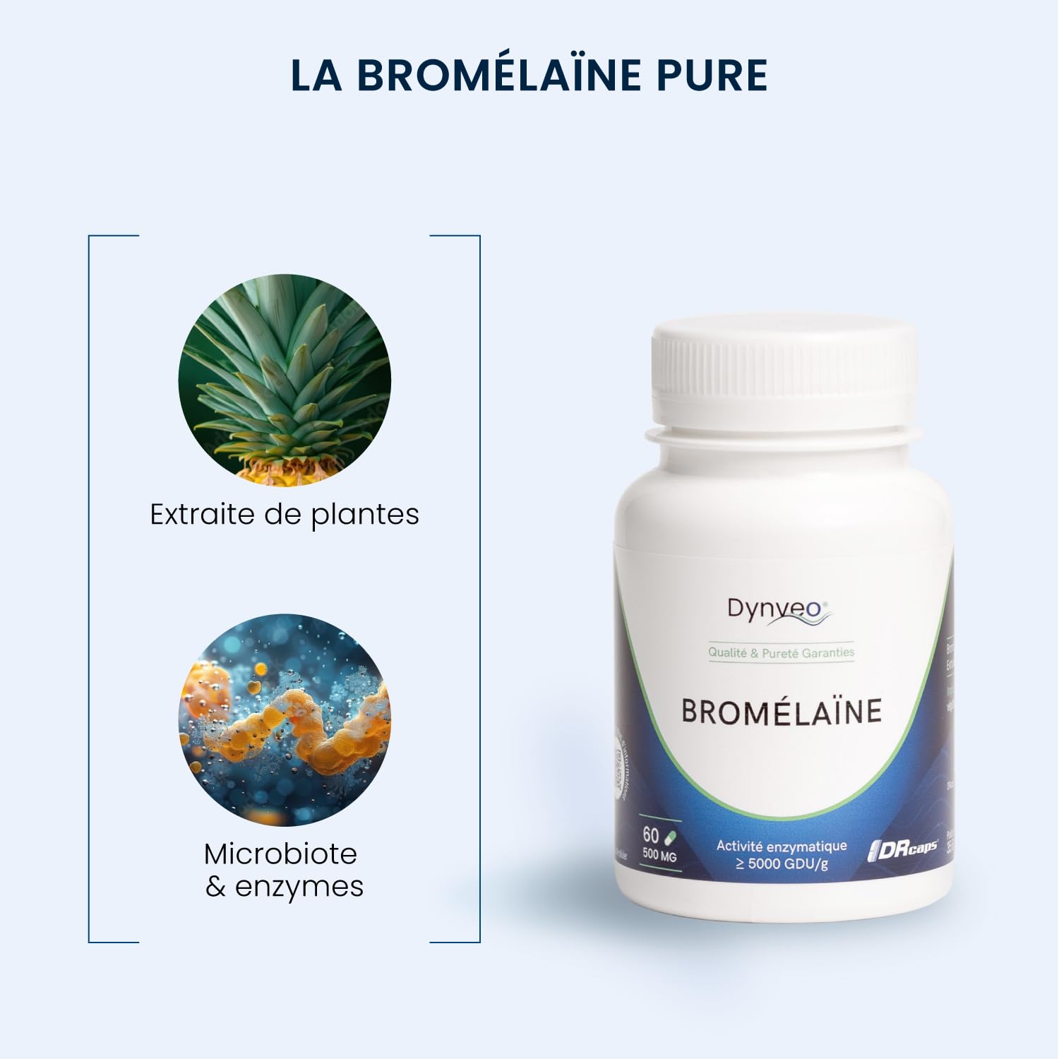 Bromélaïne Pure - Haute Activité Enzymatique 5000 GDU/g - Enzyme soutenant la digestion des protéines - Extraite de tige d'ananas - 60 gélules Végétales DRcaps™ - Sans additifs - Dynveo
