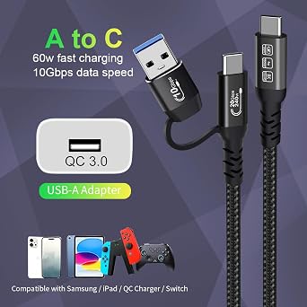 YIWENTEC USB C 240W USBC 3.2 Gen2 Cable 20Gbps Data 4K @ 60Hz Video Output USB A/C to USB-C Quick Charge (0.5M)