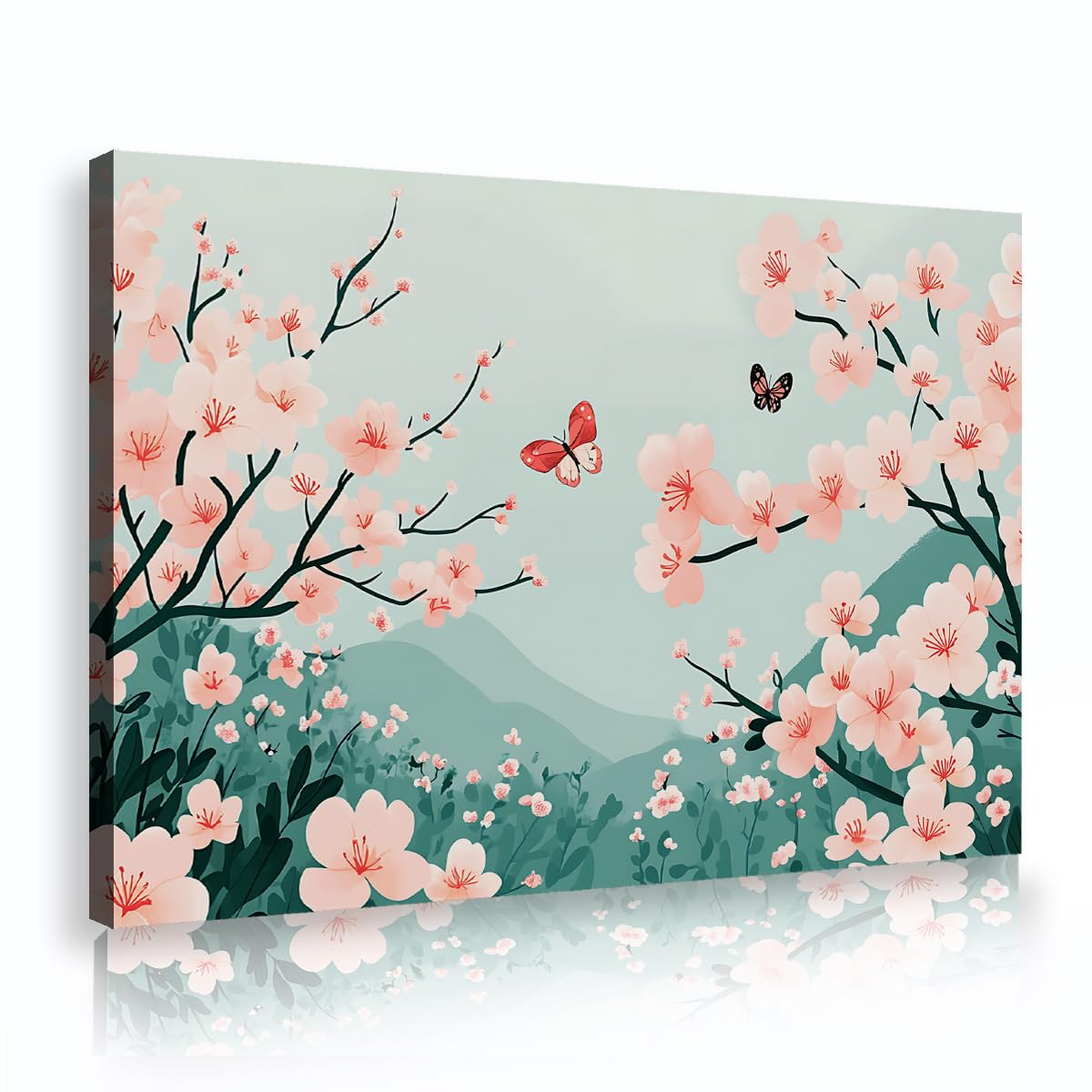 TOANGWALL Modern Chinoiserie Cherry Blossom Framed Canvas Artwork Soft Pink Floral Branches Red Butterfly Mountain Picture Giclee Printed Poster for Living Room Bedroom Decor 75x115cm