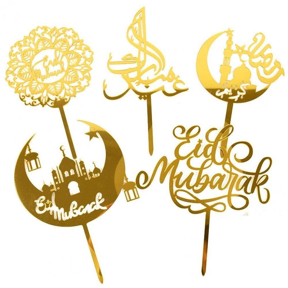 Lpitoy Golden 5Pcs Eid Mubarak Cake Toppers Ramadan Cake Topper Acrylic Moon Cake Topper For Islamic Muslim Festival Decorations