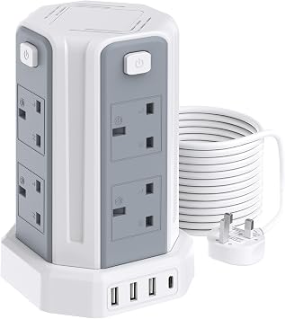 Tower Extension Lead 5M, 8 AC Outlets and 4 USB Ports Extension Tower