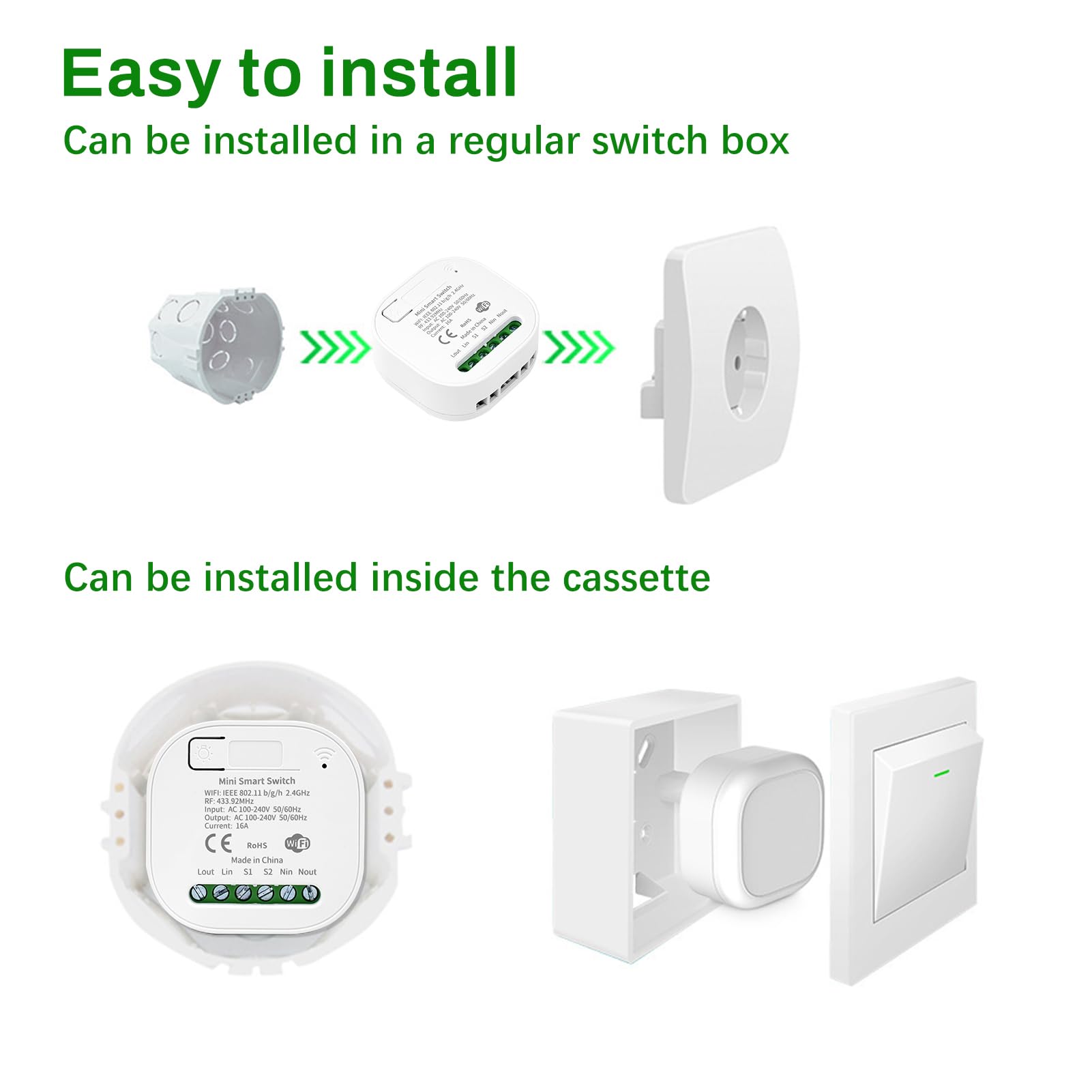 DEWIN Interruttore Wireless 16A 100-240V Interruttore Senza Fili Mini Smart Switch RF 433MHz,Compatibile Alexa/Google Home(2 Interruttori)