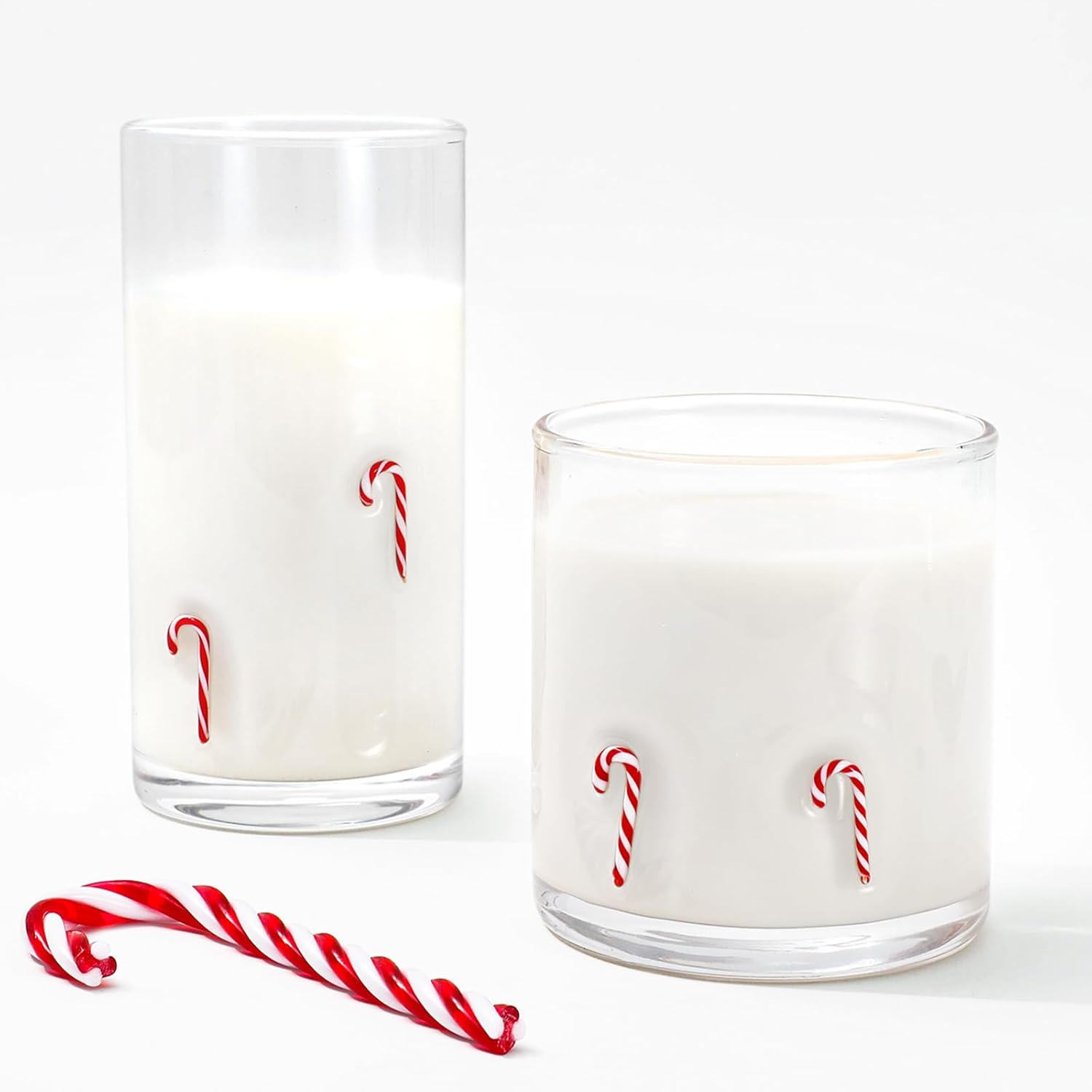 FYSUIMU 2Pcs Christmas Icon Juice Glass Tall and Short Wine Glasses Candy Cane Stemless Cocktail Drinking Cups for Xmas Home Party Holiday Favors Supplies