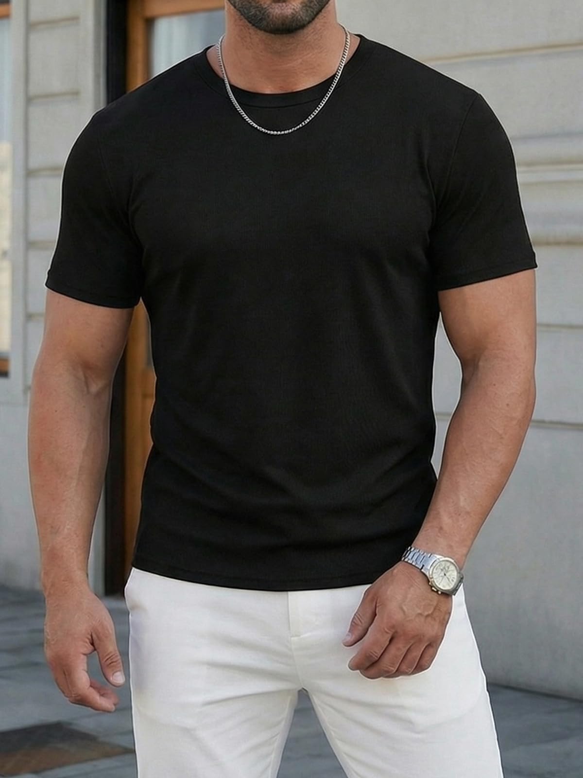 Runcati Maglietta estiva da uomo, a maniche corte, girocollo, leggera, funzionale, tinta unita, slim fit, palestra, sport