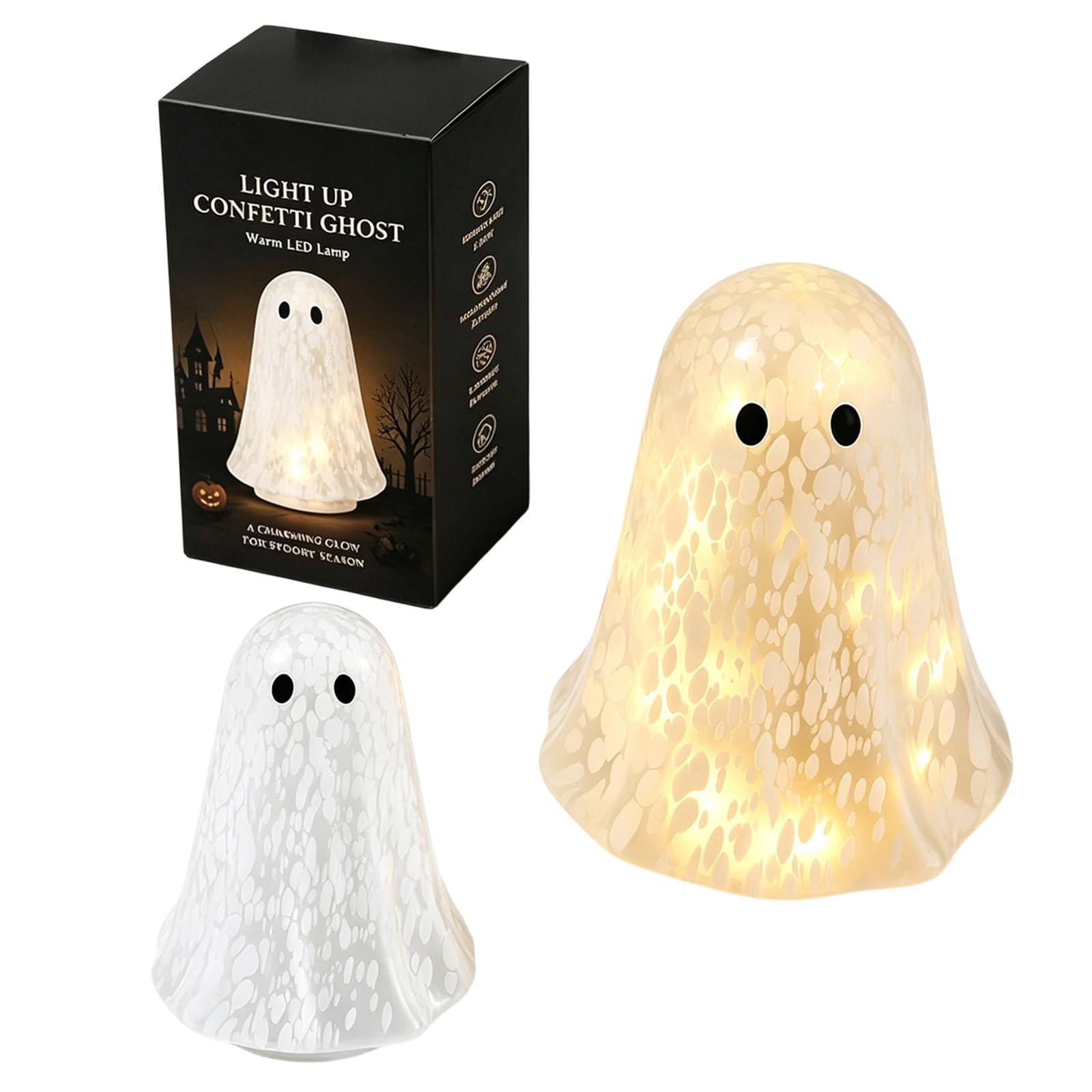 Light up Confetti Glass Ghosts Halloween Lamp Decoration，White：3.94 in
