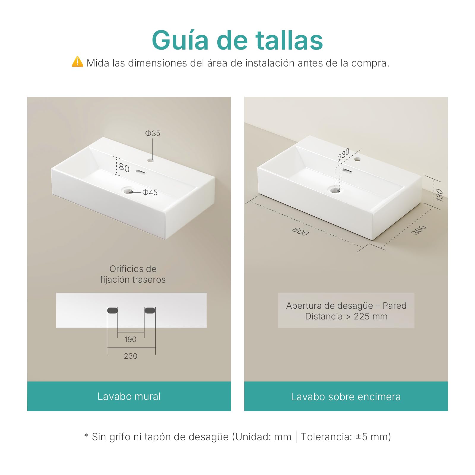 EMKE Lavabo de Diseño con Borde Fino 60 x 36 x 13 cm, Blanco Brillante | Lavamanos de Cerámica Cuadrado, Lavabo sobre Encimera o Suspendido para Baño (Solo Lavabo)