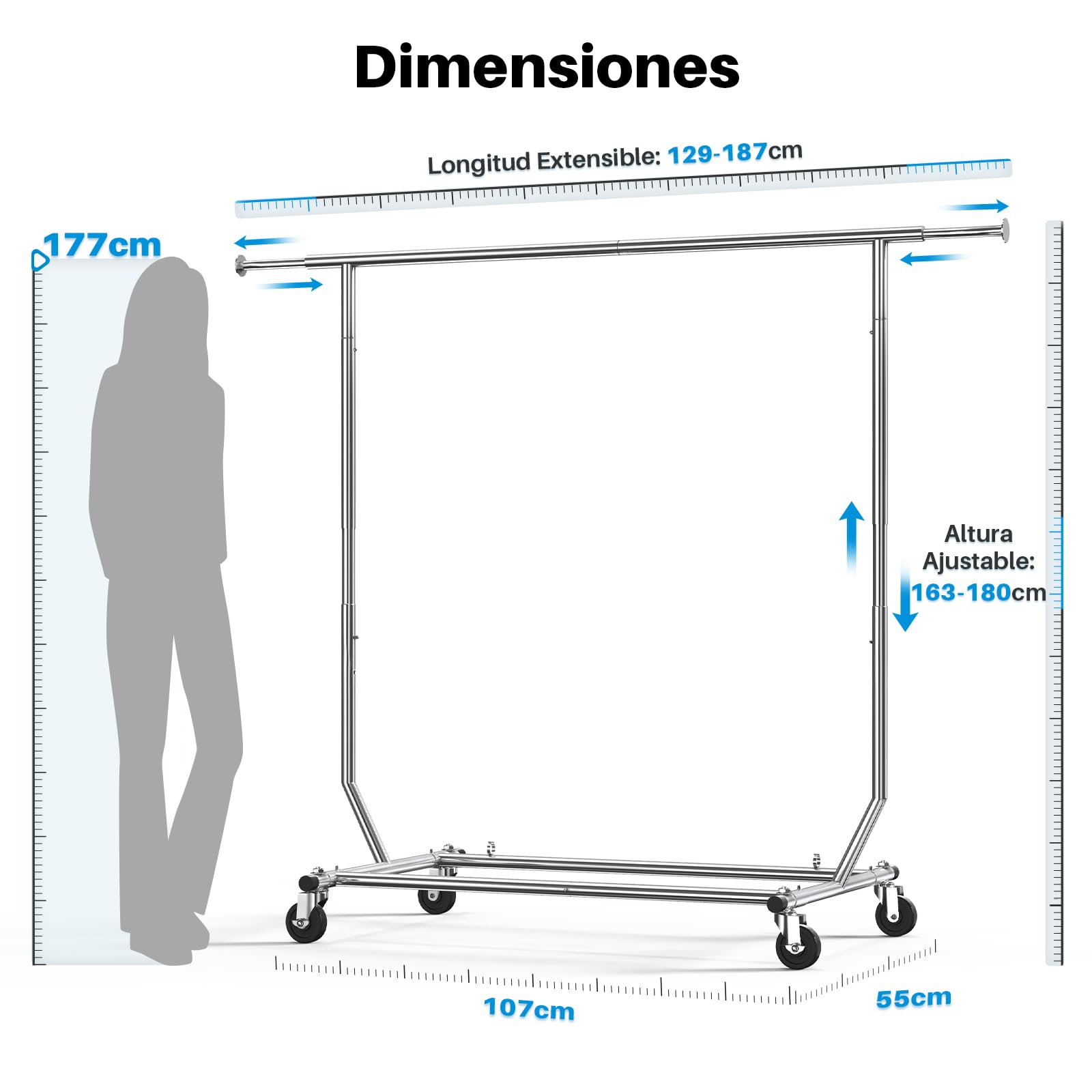 HOKEEPER Burro de Ropa Resistente 136kg, Barra Extensible con Ruedas Bloqueables, Ahorra Espacio para Dormitorio, Apartamento, Lavandería