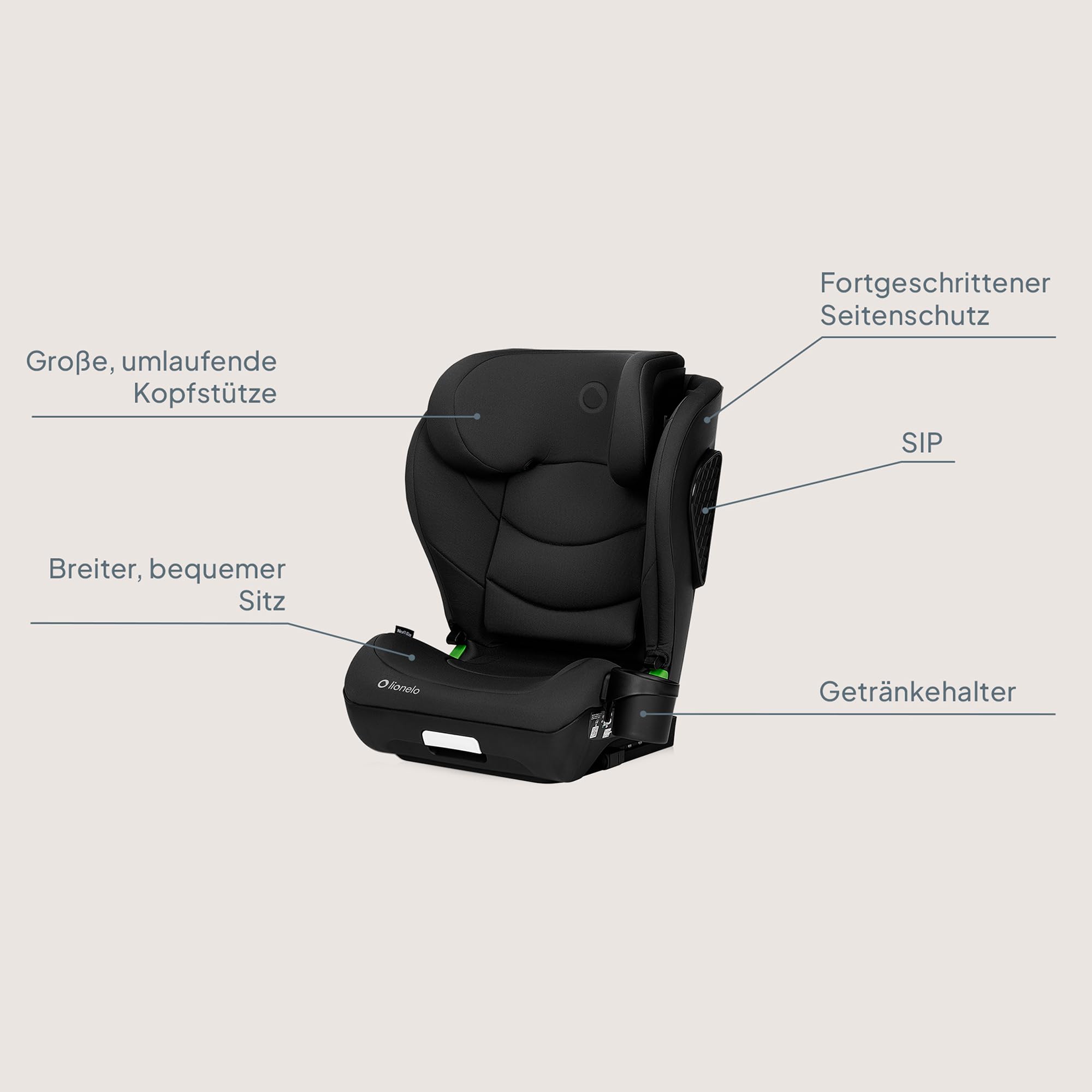 LIONELO NEAL I-SIZE Kindersitz, Gruppe 2 3, von 100-150 cm | Von ca. 3 bis 12 Jahren Befestigung ISOFIX oder ohne Gurte Verstellbare Kopfstütze Seitenschutz Armlehnen Standard R129
