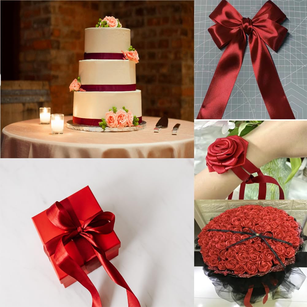 Bordeaux satijnen lint 40 mm breed, 22 meter wijnrood, cadeaulint voor geschenkverpakkingen, knutselen, kerstband, decoratief lint voor cadeau