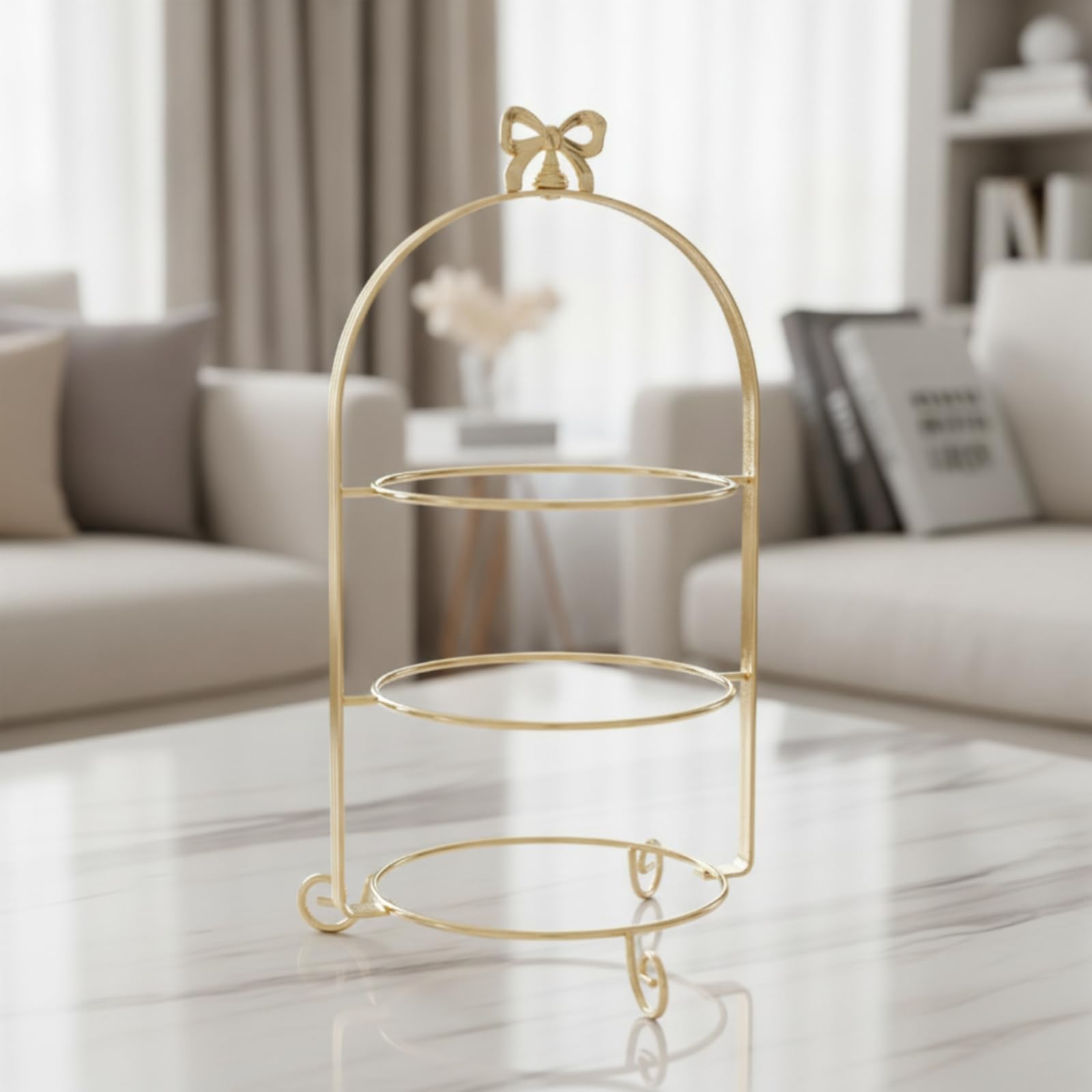 Alzata per Dolci Stand Dessert Espositore Vassoio Centrotavola in Metallo con Tre Ripiani Rotondi Arco Elegante E Piedini Ricurvi Adatta per Buffet Caffè Ricevimenti , Oro , 25 Cm