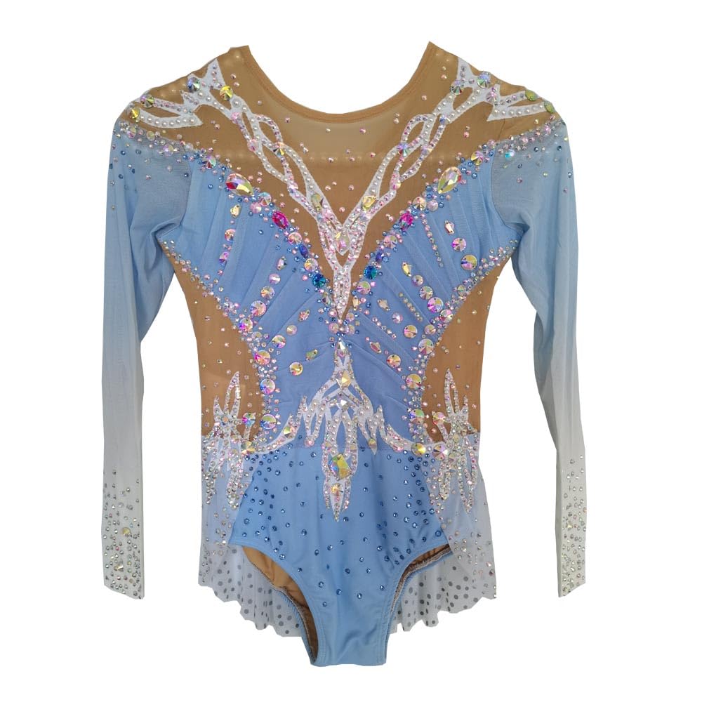 LIUHUO Maillot de gimnasia rítmica azul claro manga larga con diamantes rendimiento de competición
