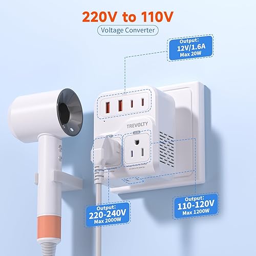 Miniatura 7 de Convertidor de voltaje de 2000 W de EE. UU. a Europa para secadores de pelo, convertidor 7 en 1 de 220 V a 110 V para viajes europeos con 3 puertos
